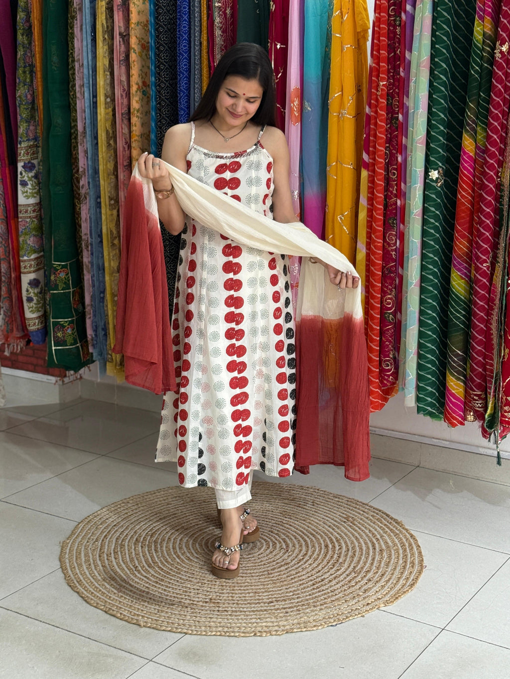 White Polka Dot Suit Set for Women | Printed Cotton Ethnic Suit Set