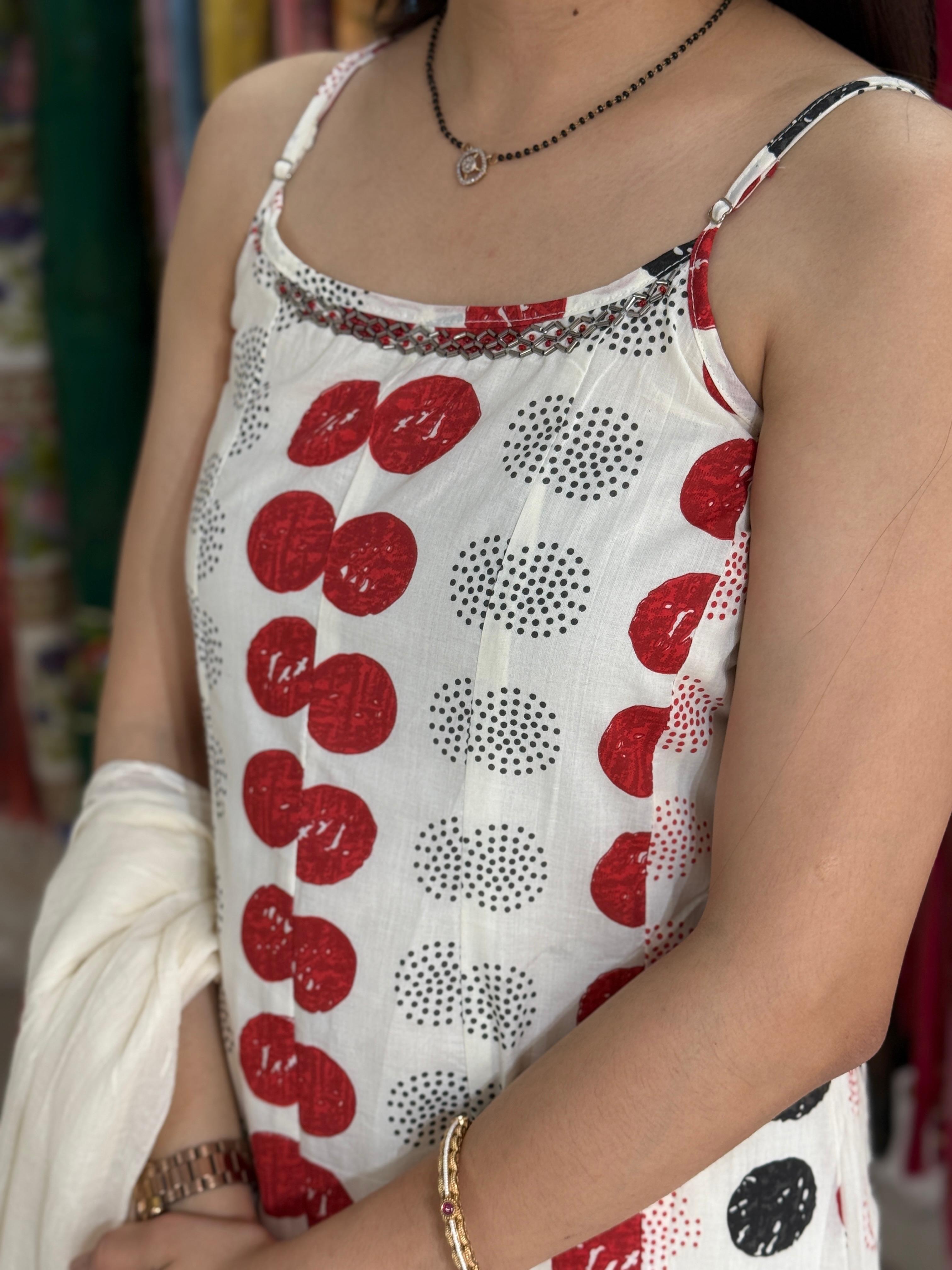 White Polka Dot Suit Set for Women | Printed Cotton Ethnic Suit Set