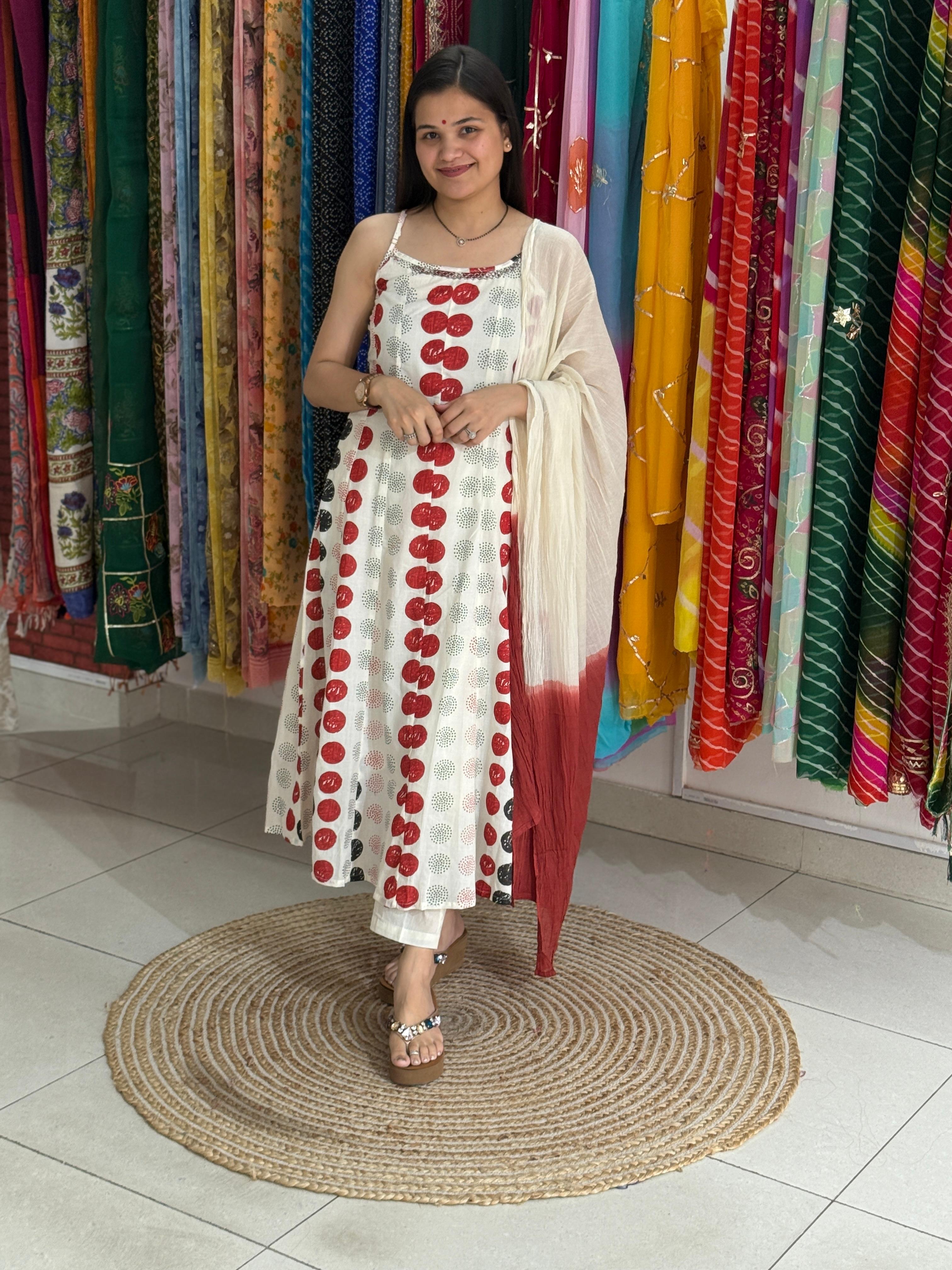 White Polka Dot Suit Set for Women | Printed Cotton Ethnic Suit Set