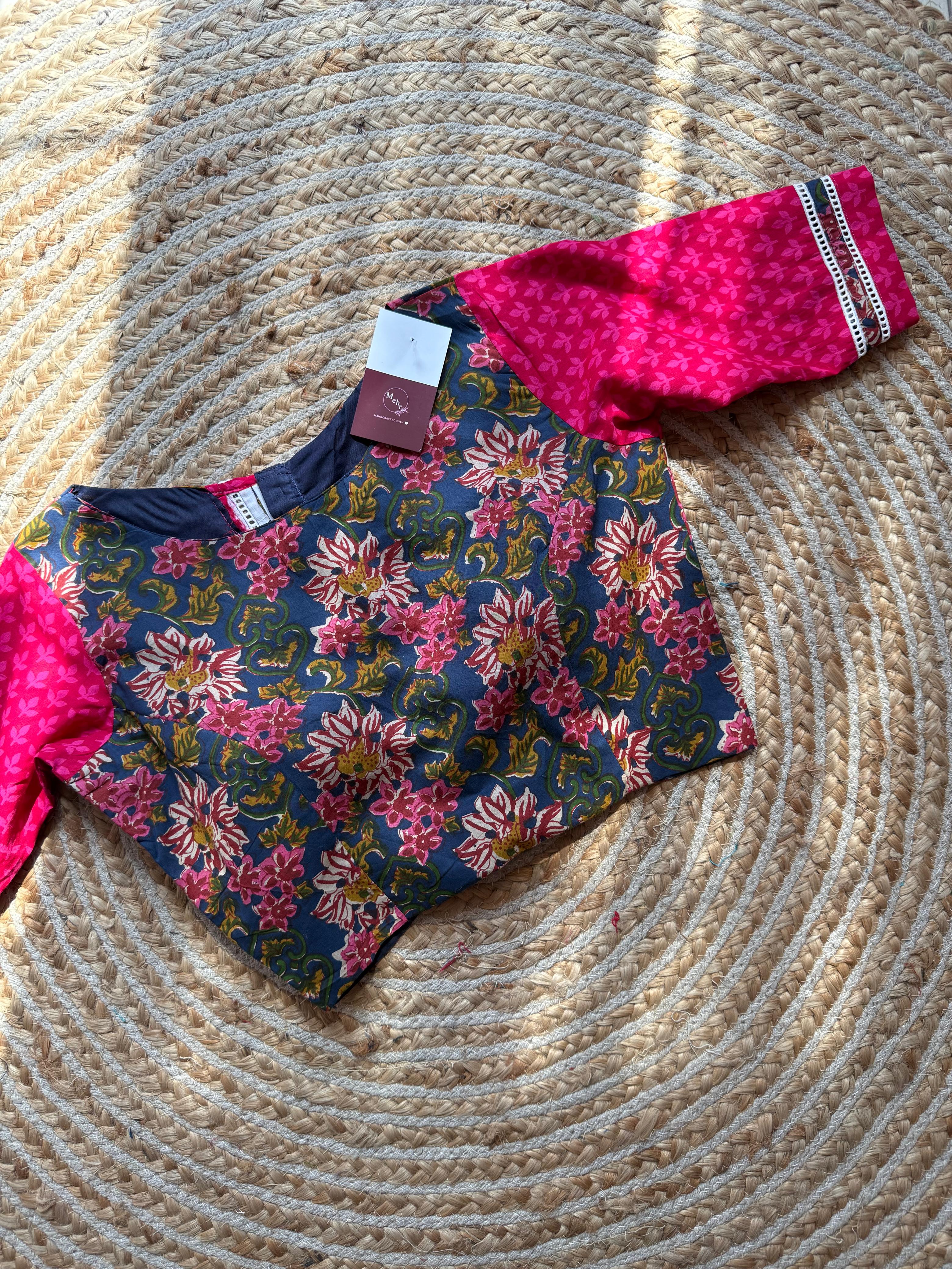 Pink Blue Floral Printed Blouse for Women with Contrast Sleeves | Label By Pushp