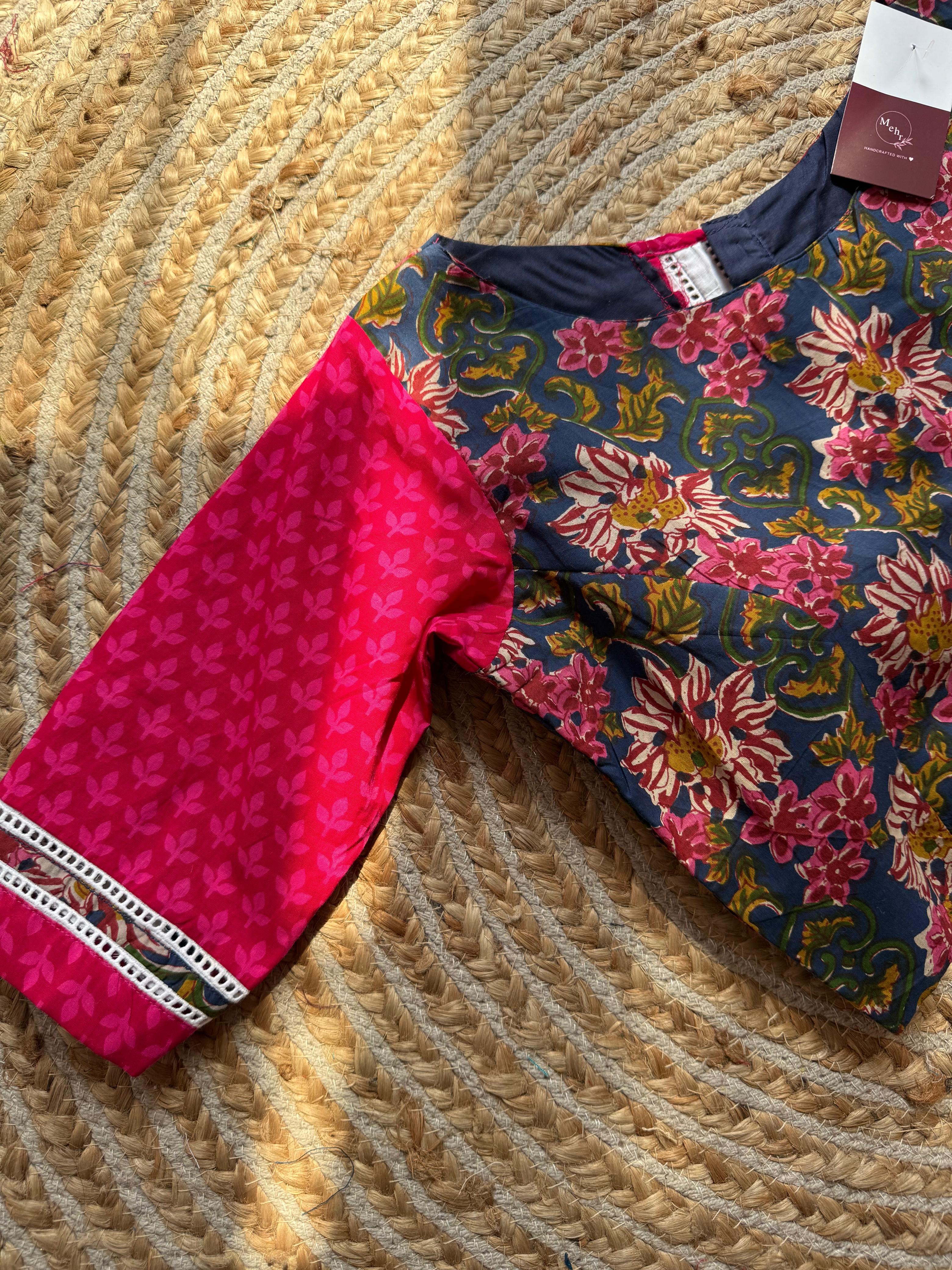 Pink Blue Printed Blouse for Women | Floral Designer Saree Blouse