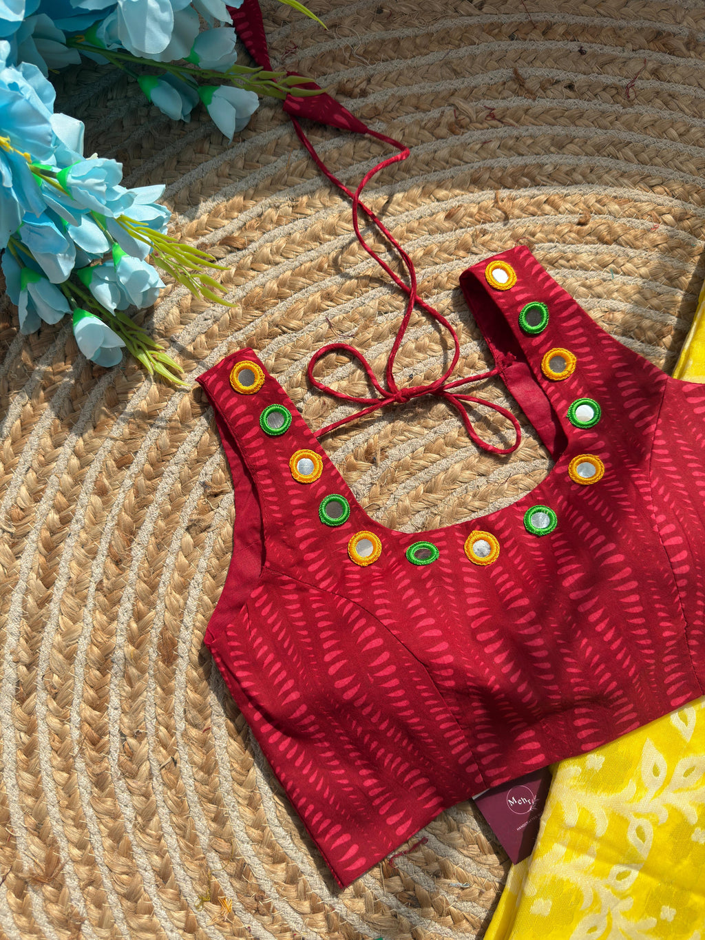 Red Sleeveless Mirror Work Blouse for Women with Adjustable Tie-Up Back | Label By Pushp
