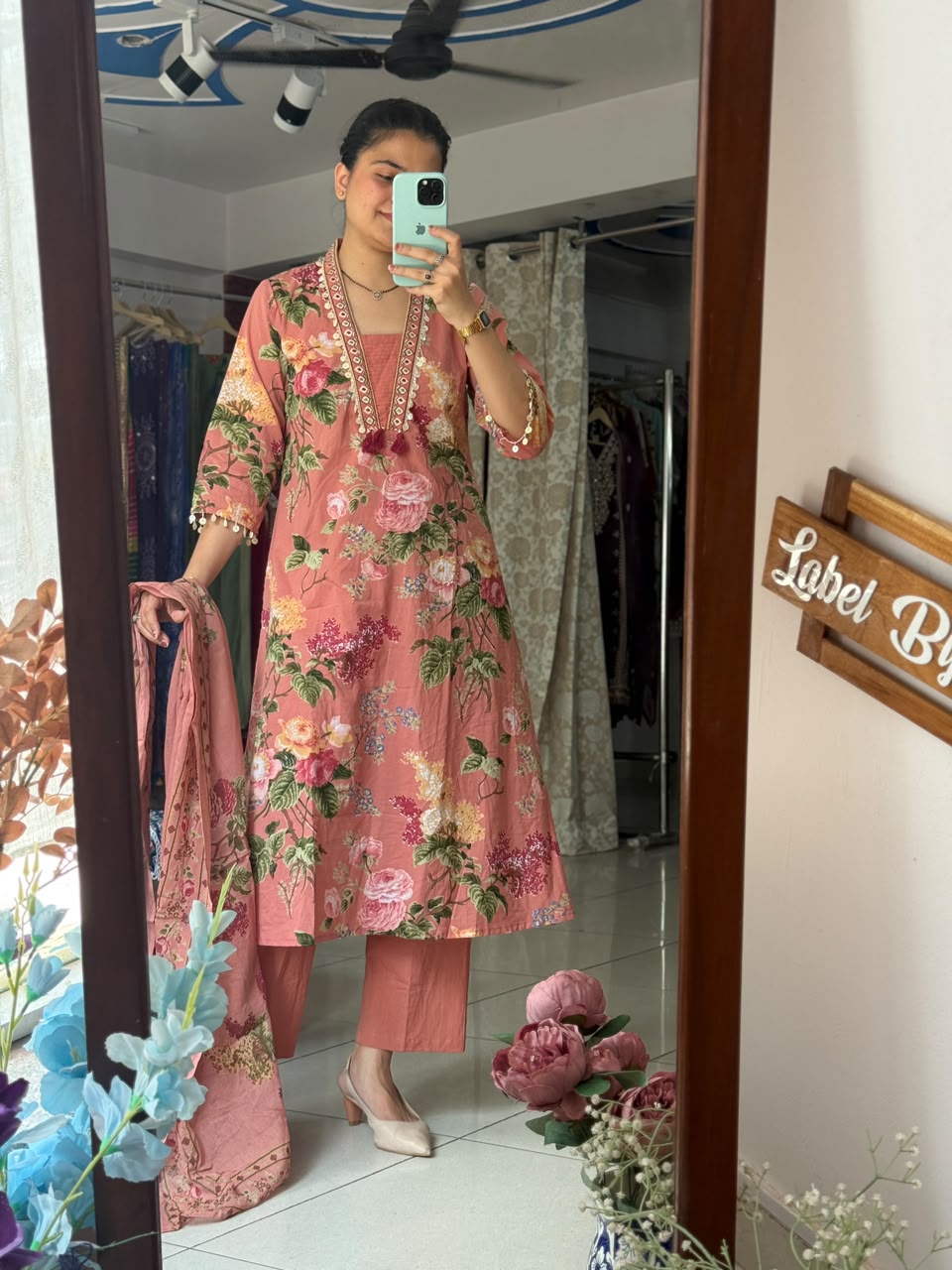 Peach Cotton Suit Set for Women | Floral Printed Ethnic Suit with Dupatta