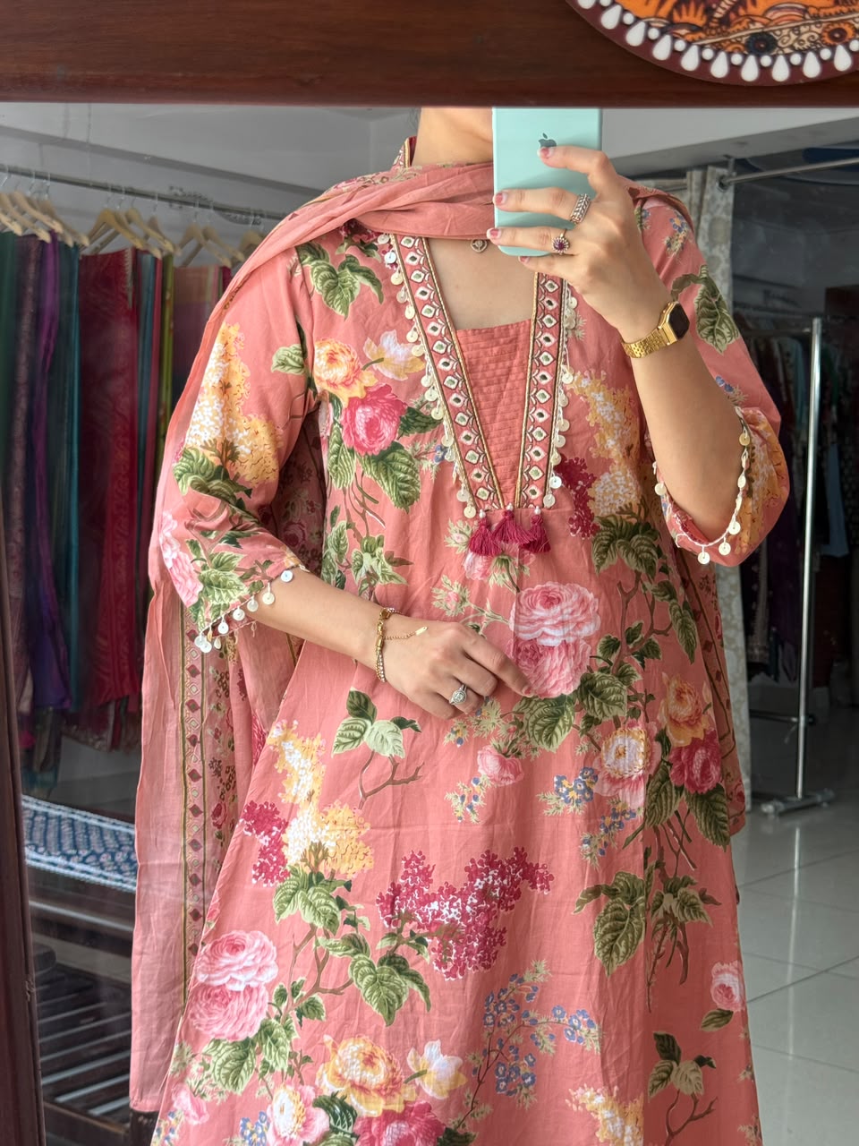 Peach Cotton Suit Set for Women | Floral Printed Ethnic Suit with Dupatta