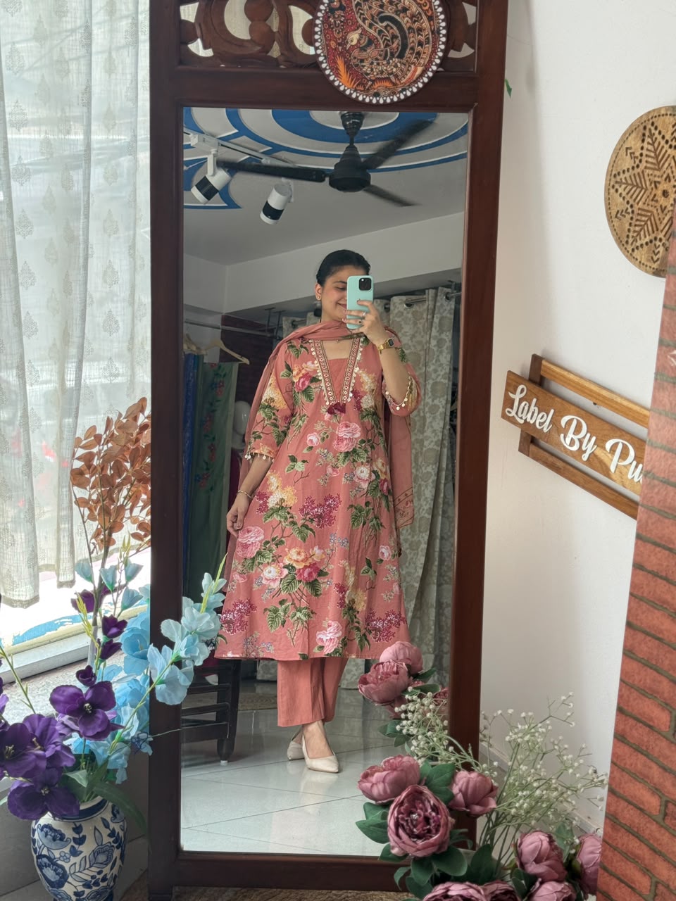 Peach Cotton Suit Set for Women | Floral Printed Ethnic Suit with Dupatta