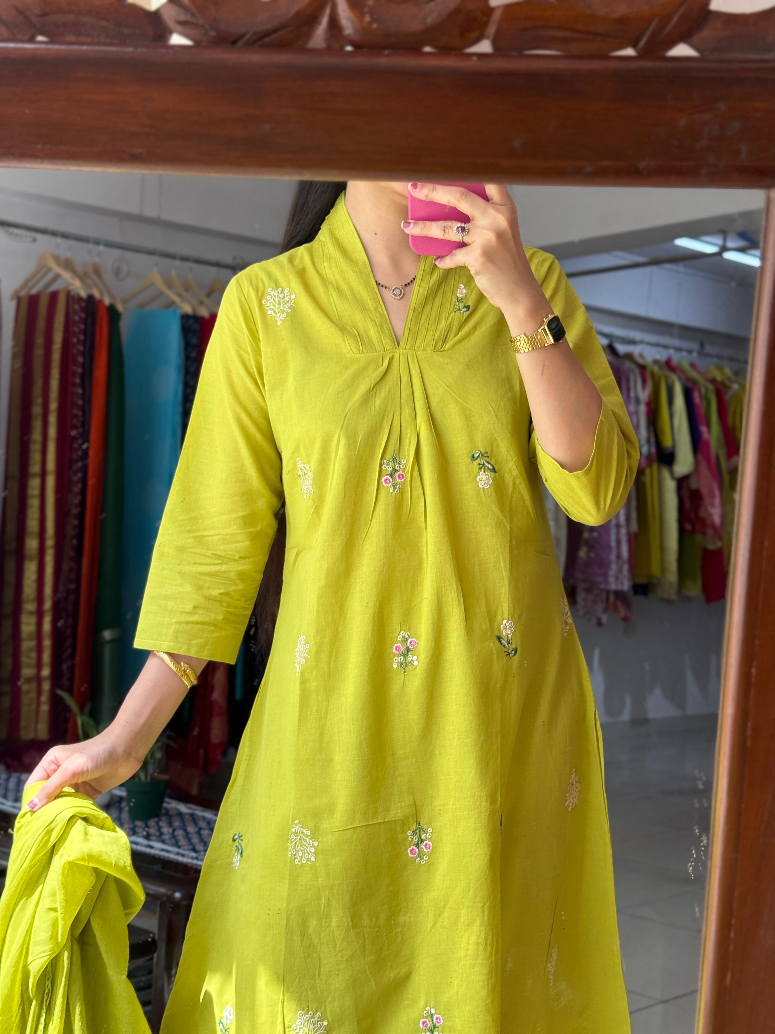 Simar Green Embroidery Suit Set for Women | Premium Cotton Ethnic Suit