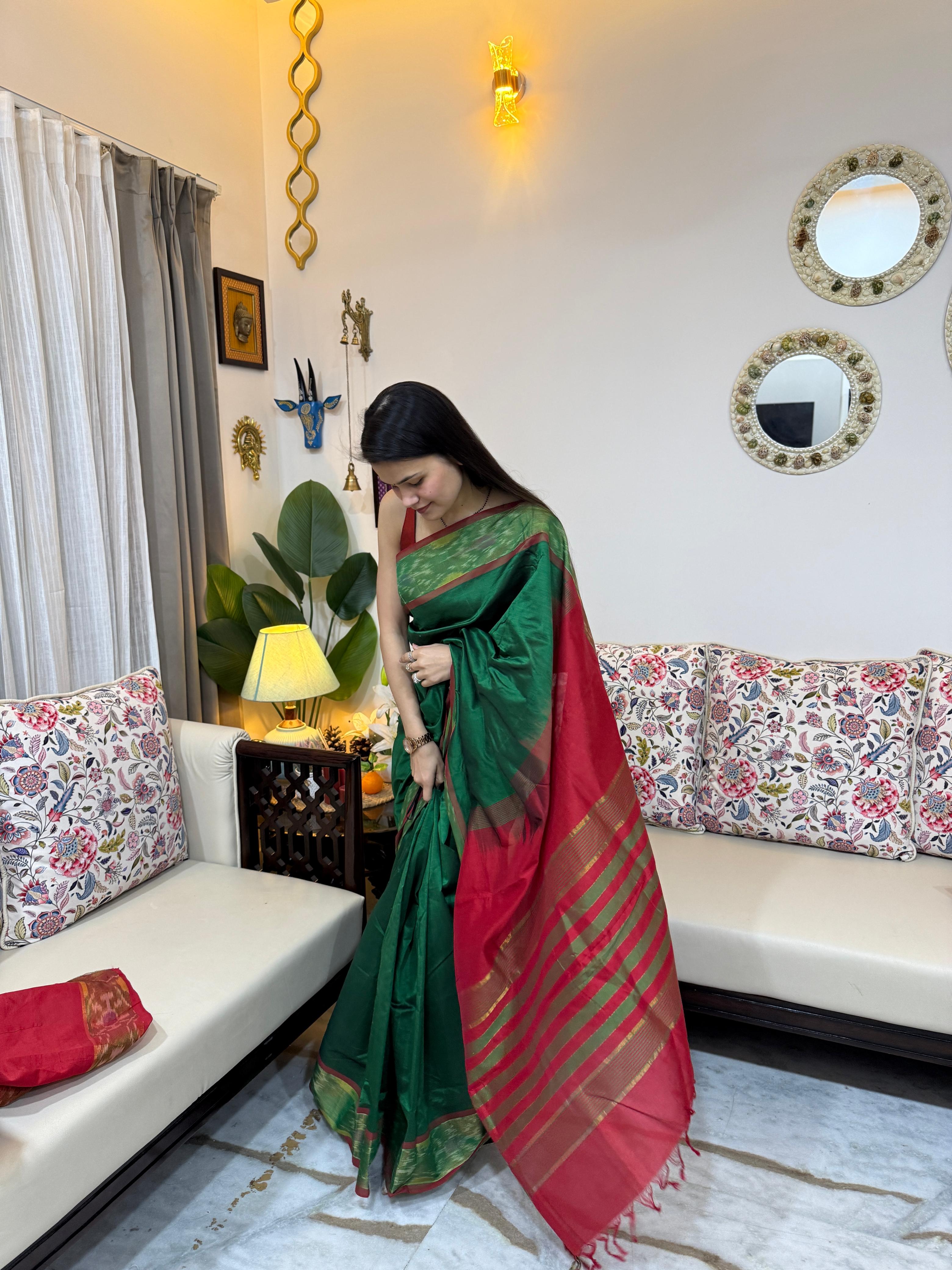 Green Pochampally Silk Cotton Saree for Women | Handwoven Traditional Saree