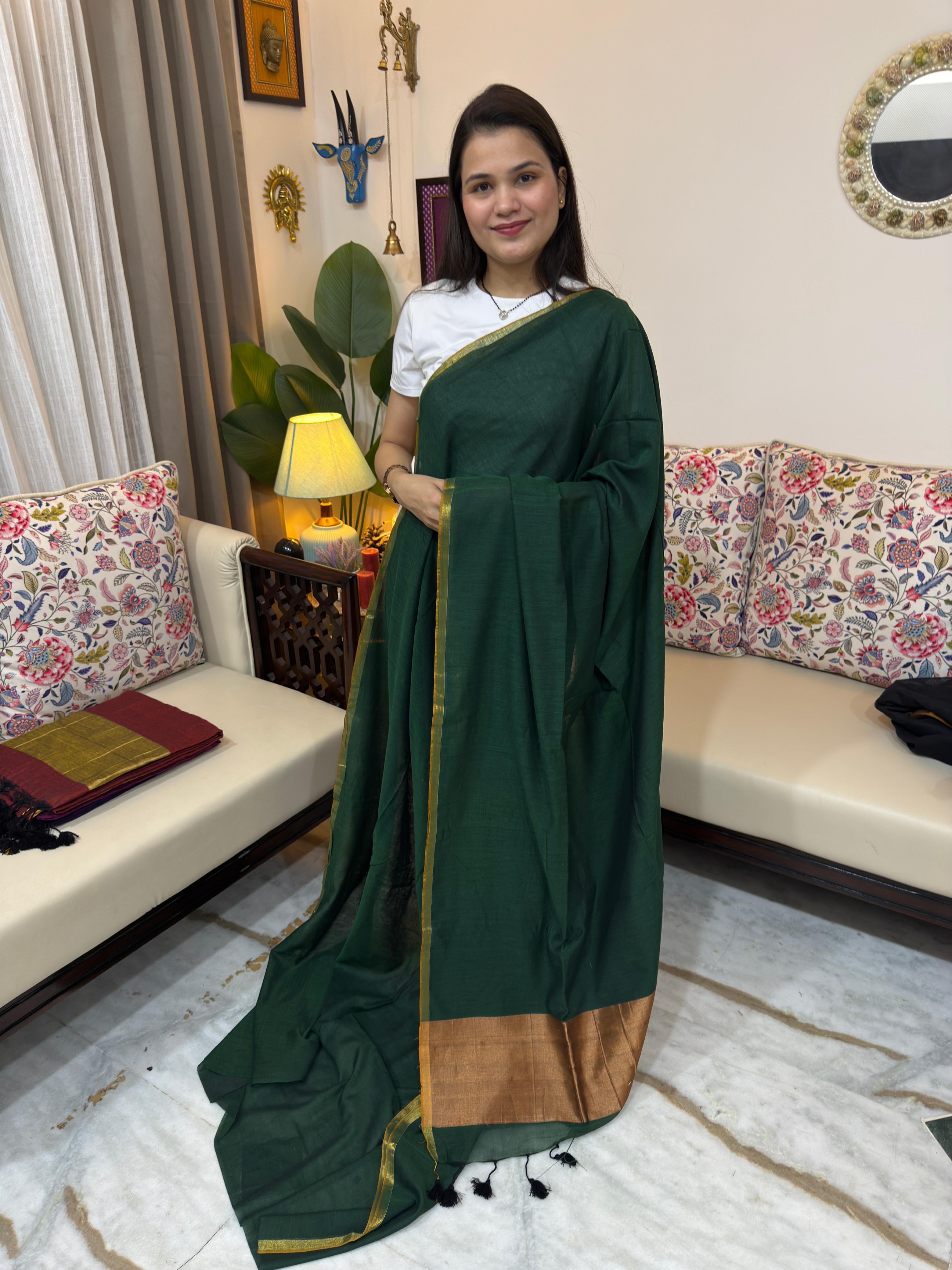 Mul Cotton Saree for Women | Soft Handloom Cotton Saree with Zari Border