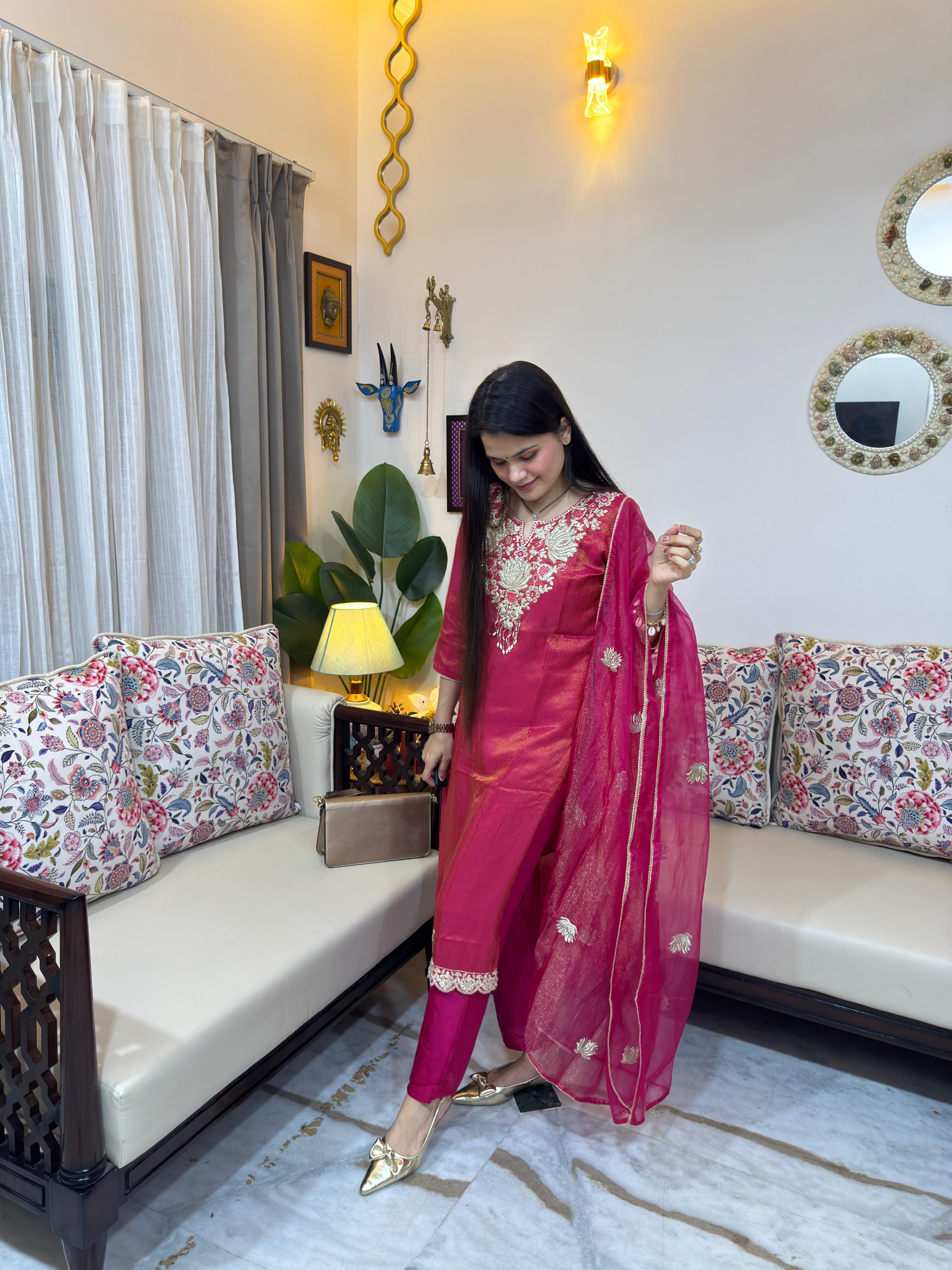 Kanak Tissue Embroidery Suit Set for Women | Premium Tissue Ethnic Suit with Dupatta