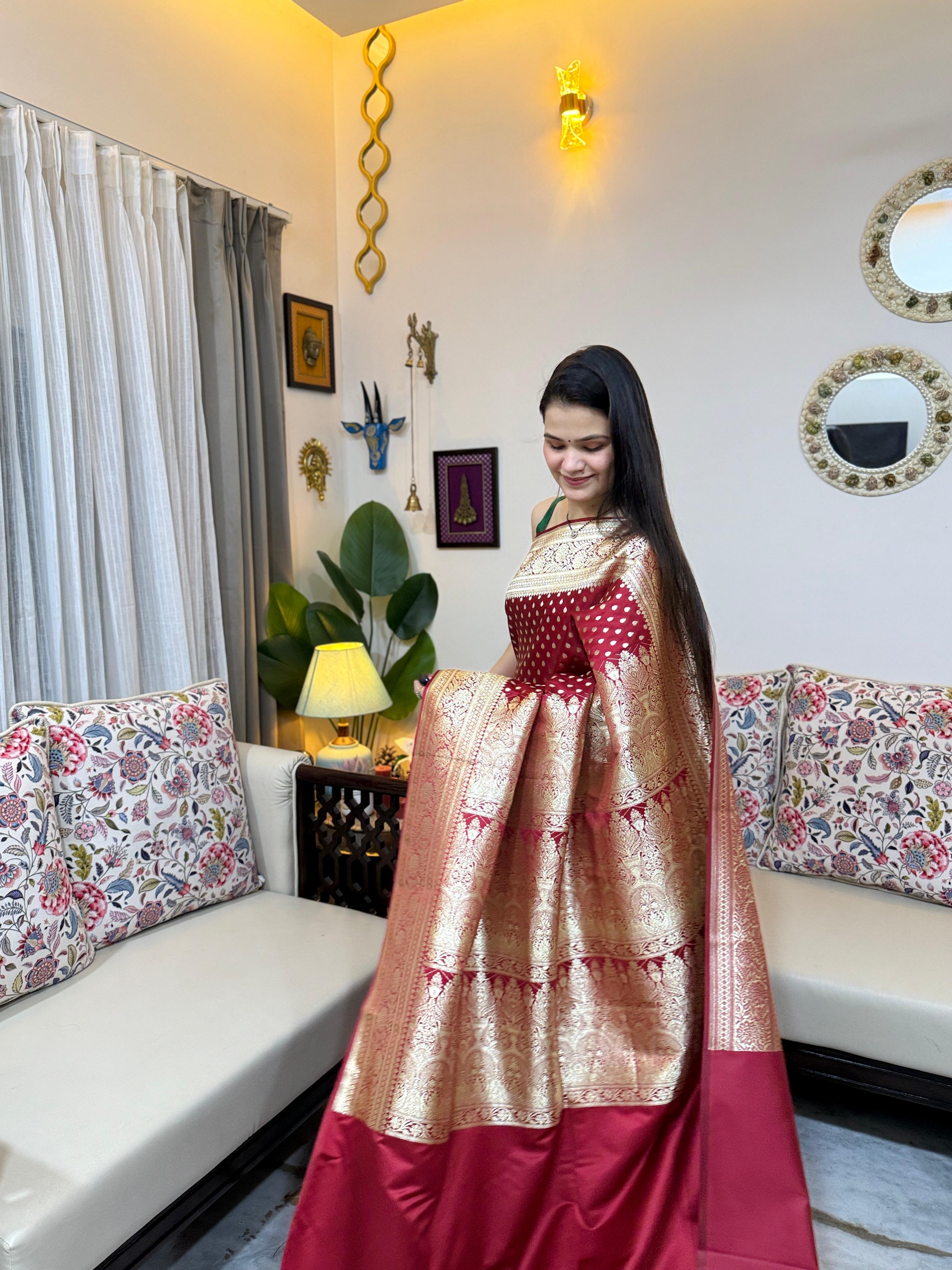 Rivaz Premium Deep Maroon Katan Silk Woven Banarasi Saree