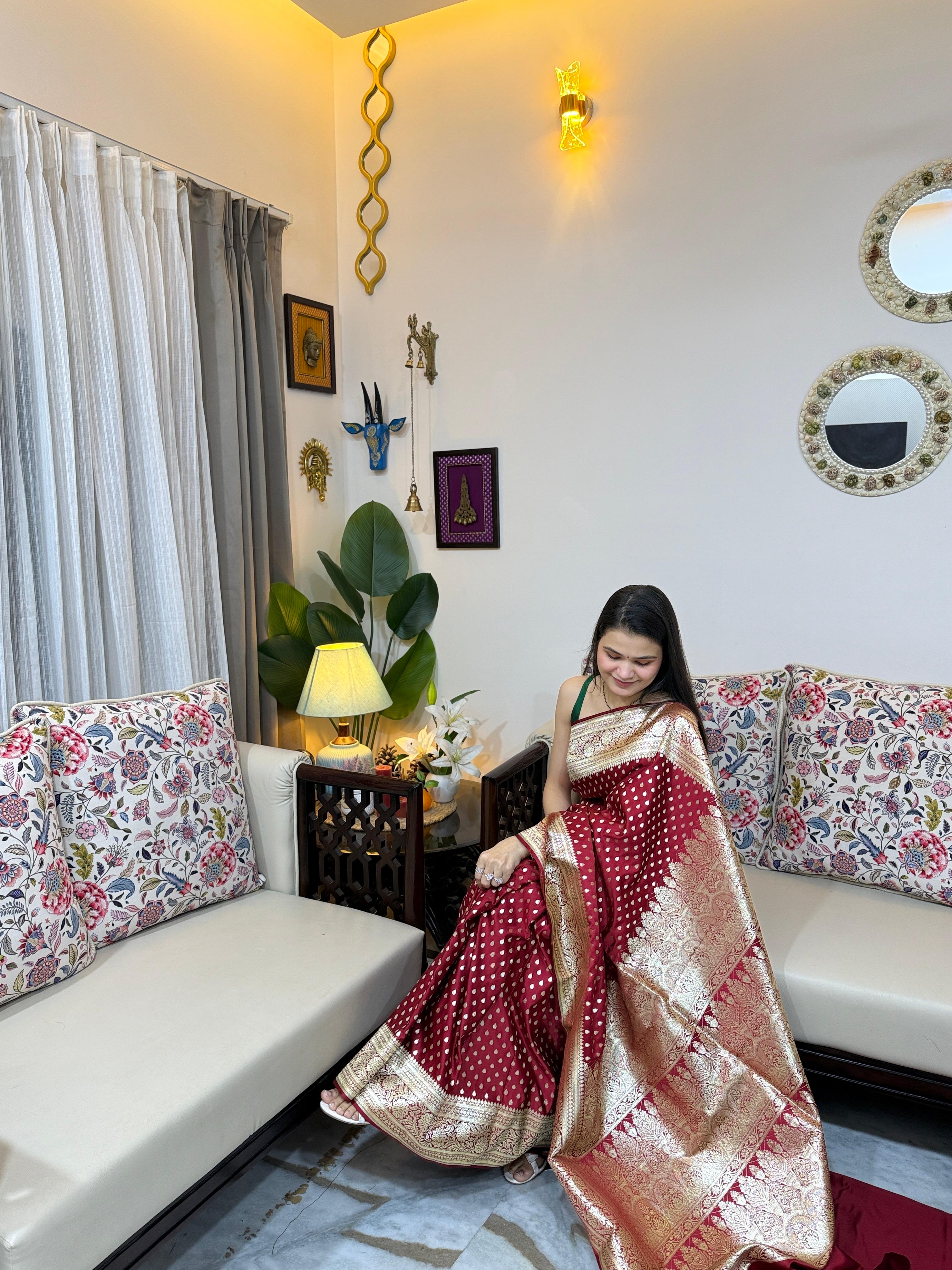 Rivaz Premium Deep Maroon Katan Silk Woven Banarasi Saree