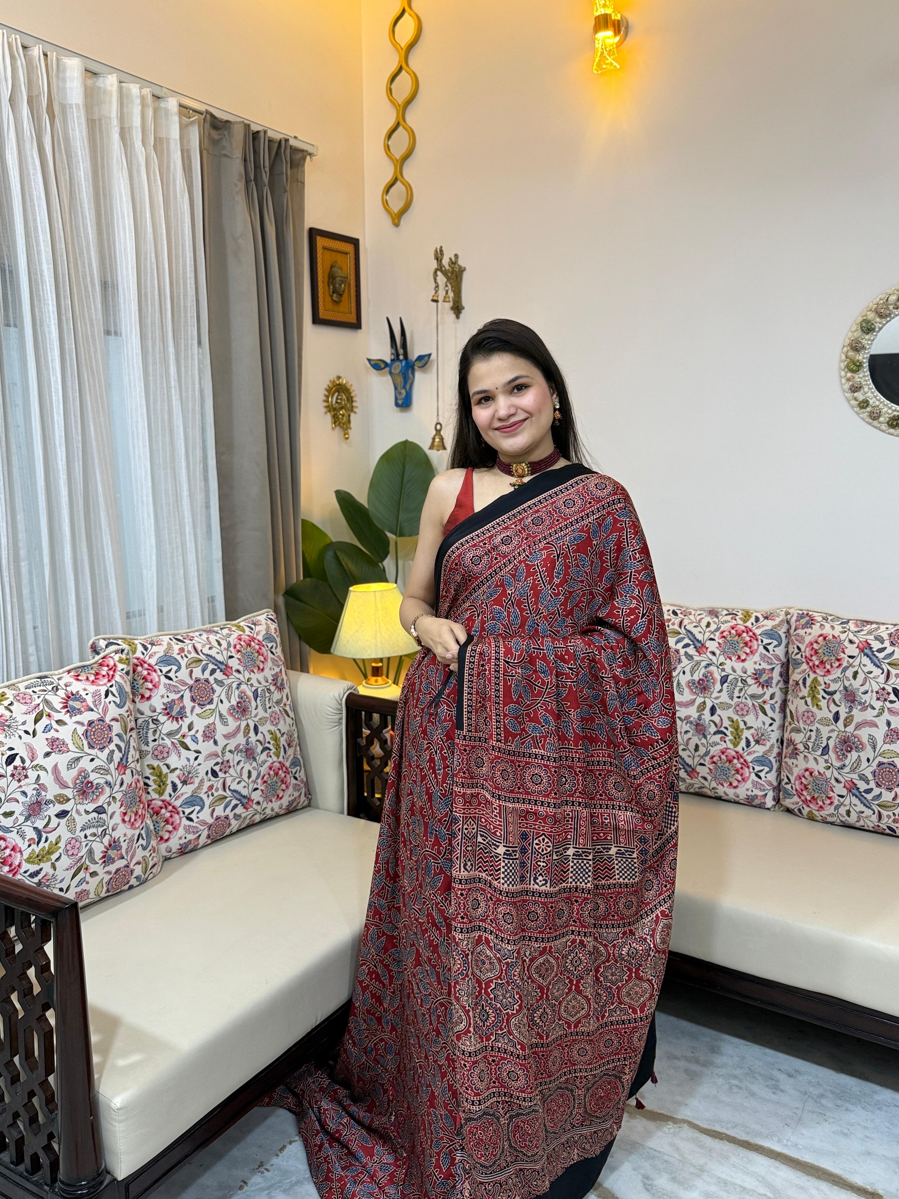 Madhuri Crimson Red Modal Silk All-Over Ajrakh Print Saree with Blouse Piece