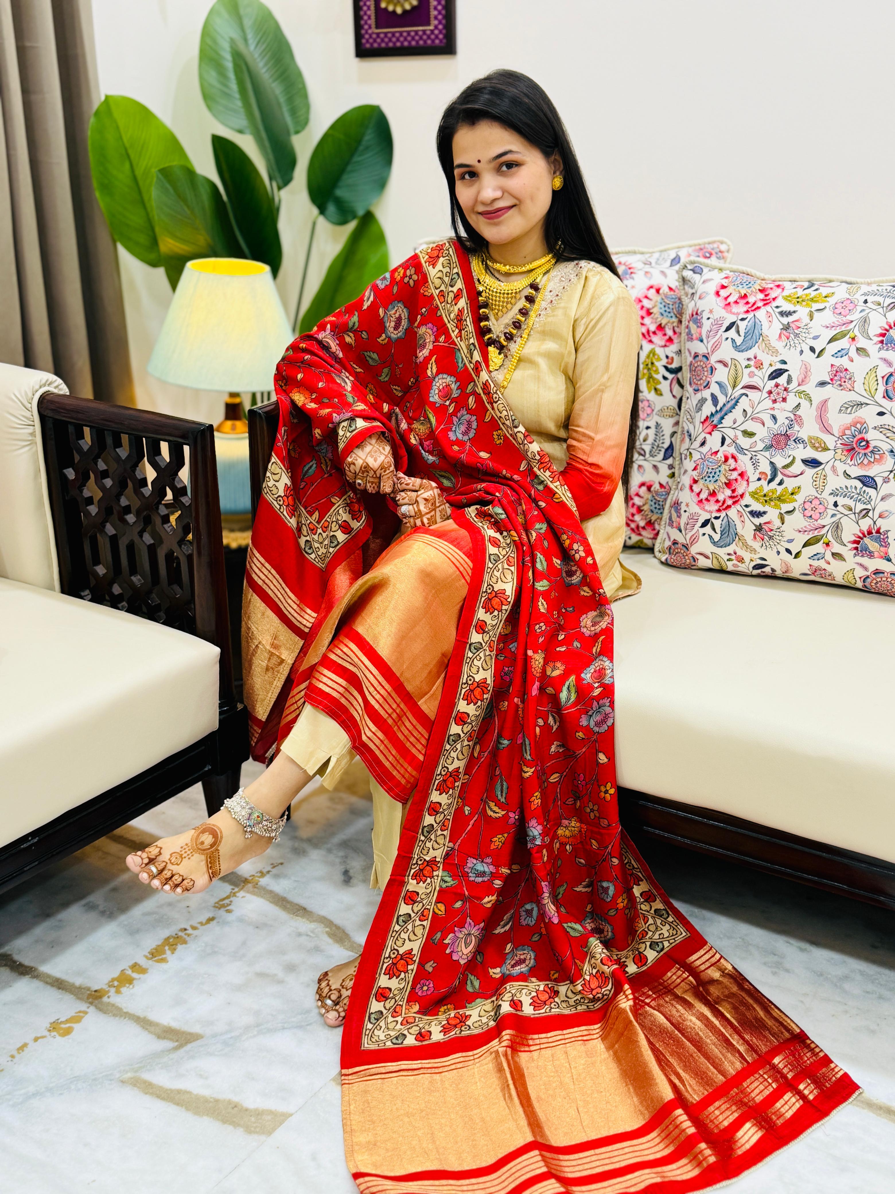 Seerat Gajji Silk Lugdi Patta Suit Set with Floral Pen Kalamkari Dupatta