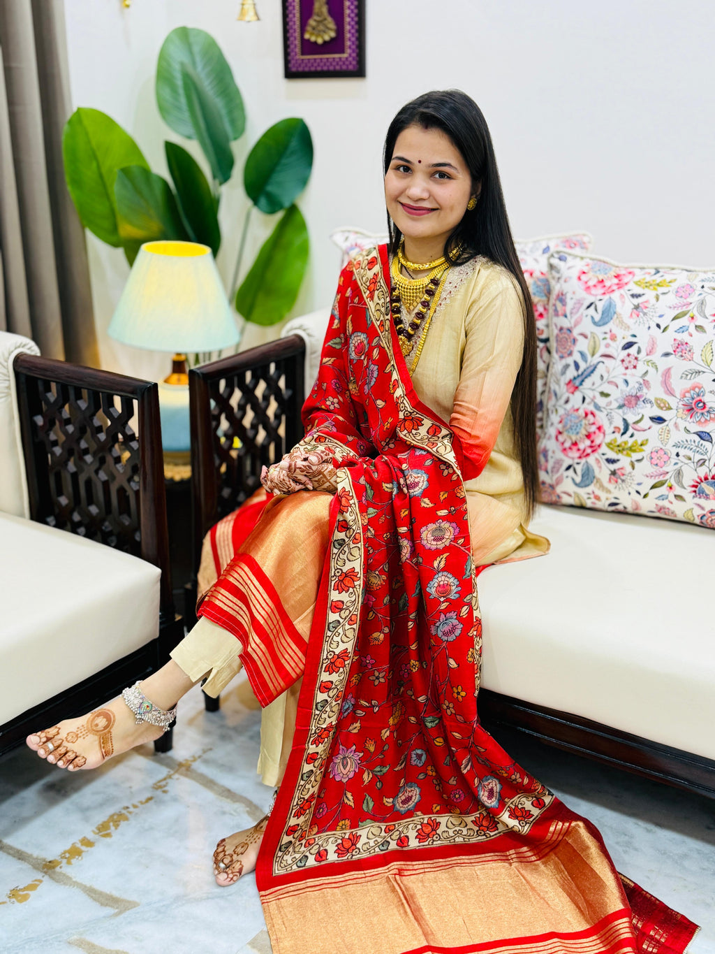 Seerat Gajji Silk Lugdi Patta Suit Set with Floral Pen Kalamkari Dupatta