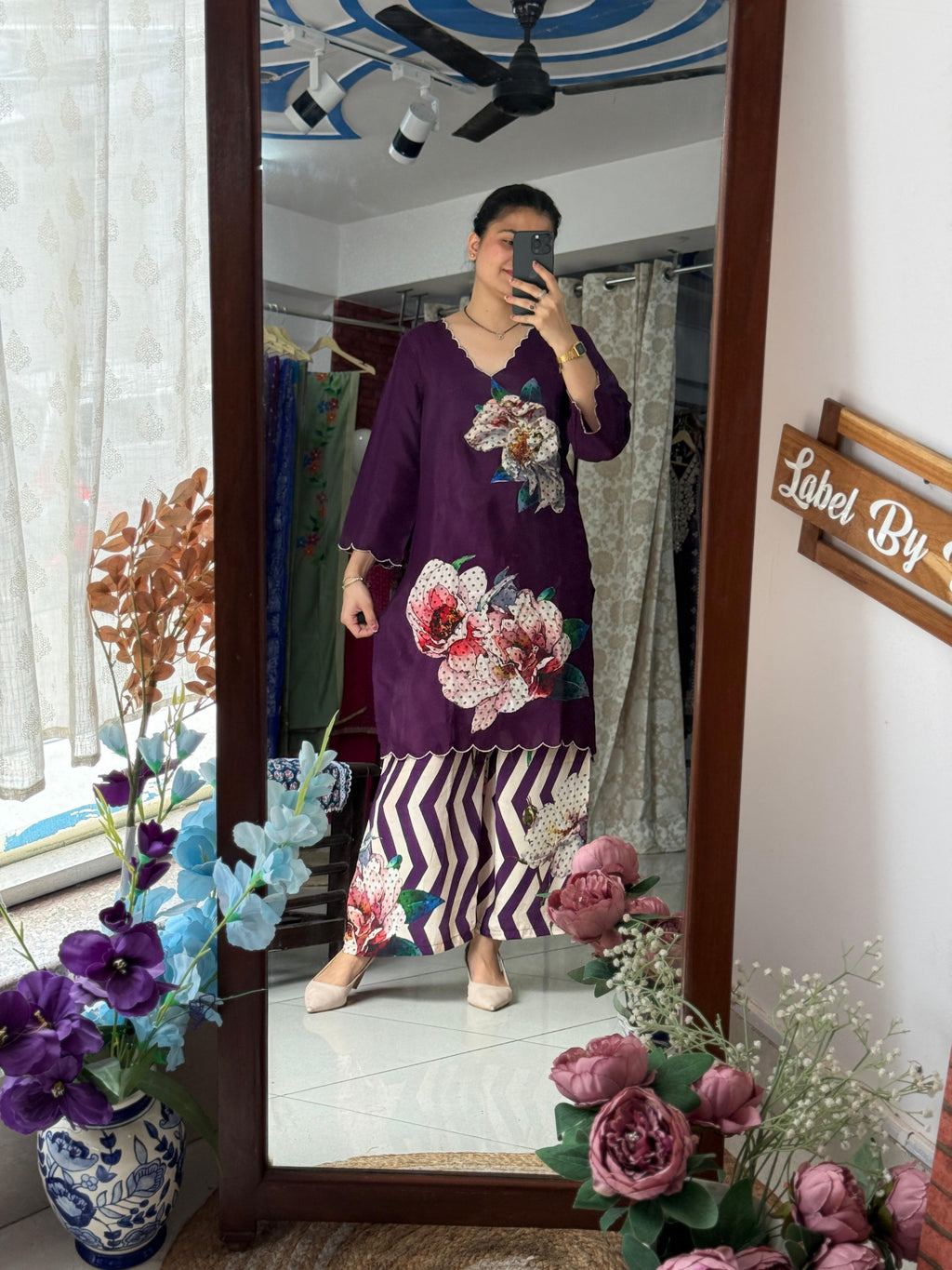 Designer Handwork Deep Plum Purple Floral Patch Co-ord Set with Chevron Pants