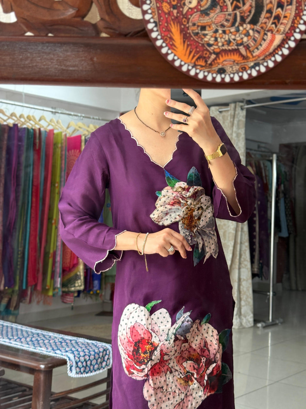 Designer Handwork Deep Plum Purple Floral Patch Co-ord Set with Chevron Pants