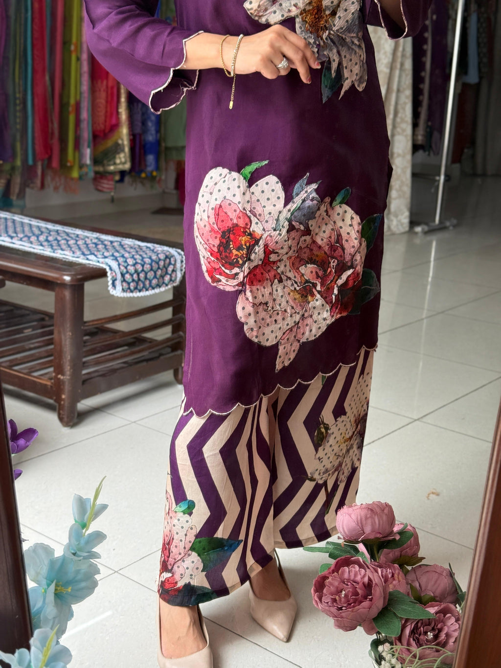 Designer Handwork Deep Plum Purple Floral Patch Co-ord Set with Chevron Pants