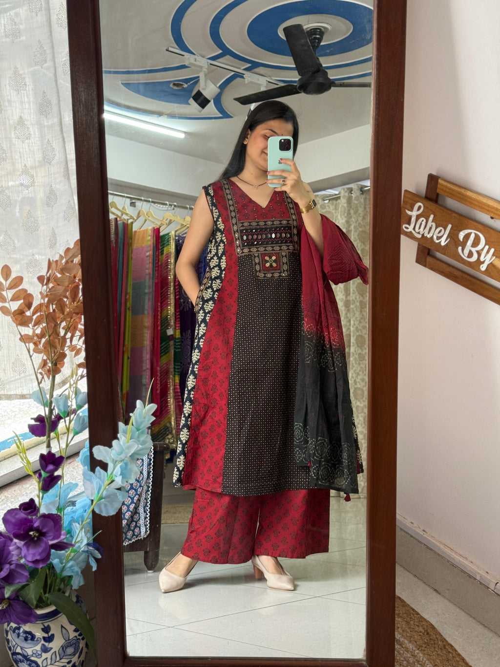 Designer Crimson Red & Black Printed Handwork Co-ord Set with Dupatta