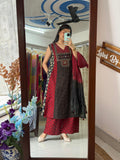 Designer Crimson Red & Black Printed Handwork Co-ord Set with Dupatta