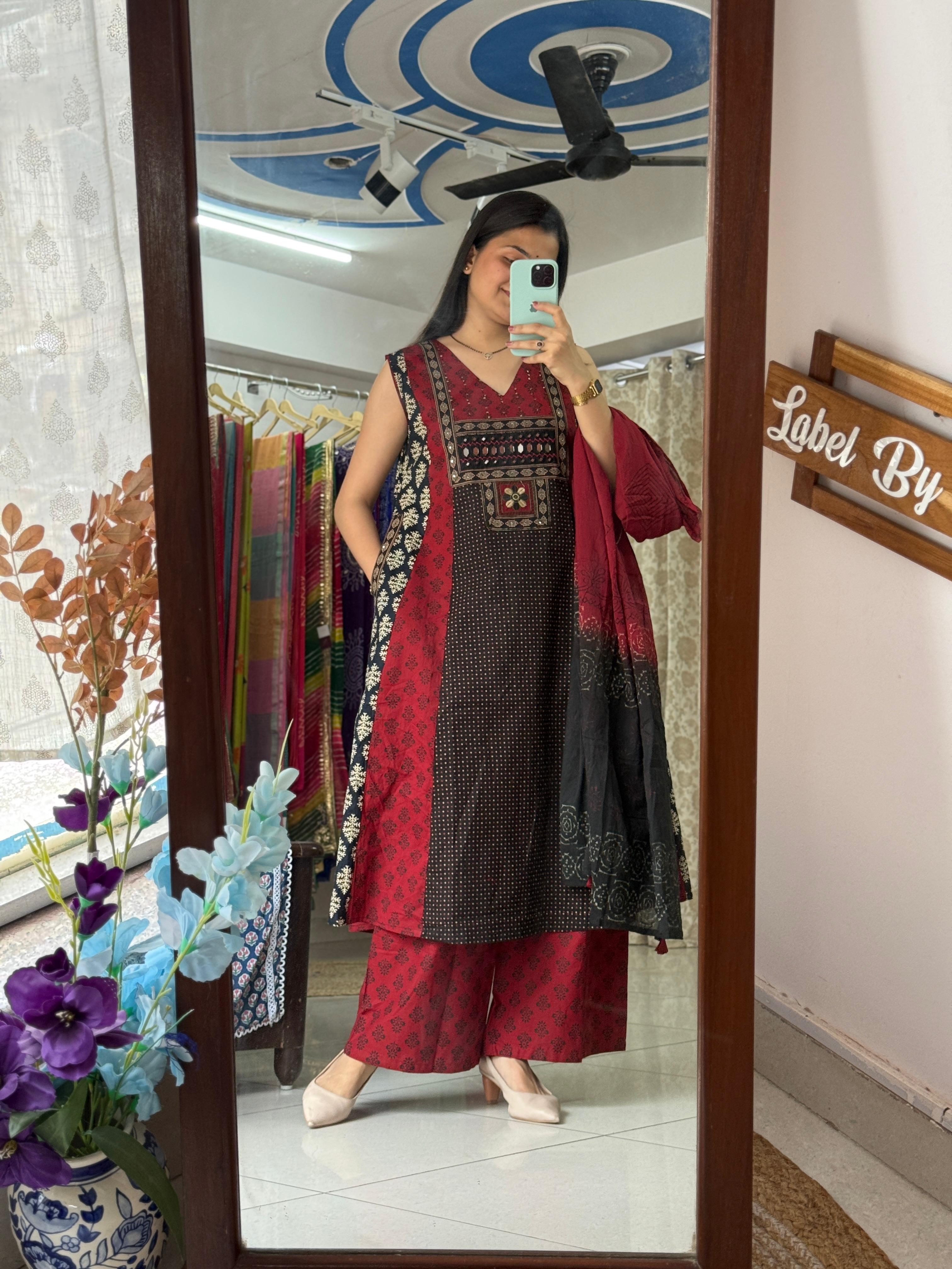 Designer Crimson Red & Black Printed Handwork Co-ord Set with Dupatta