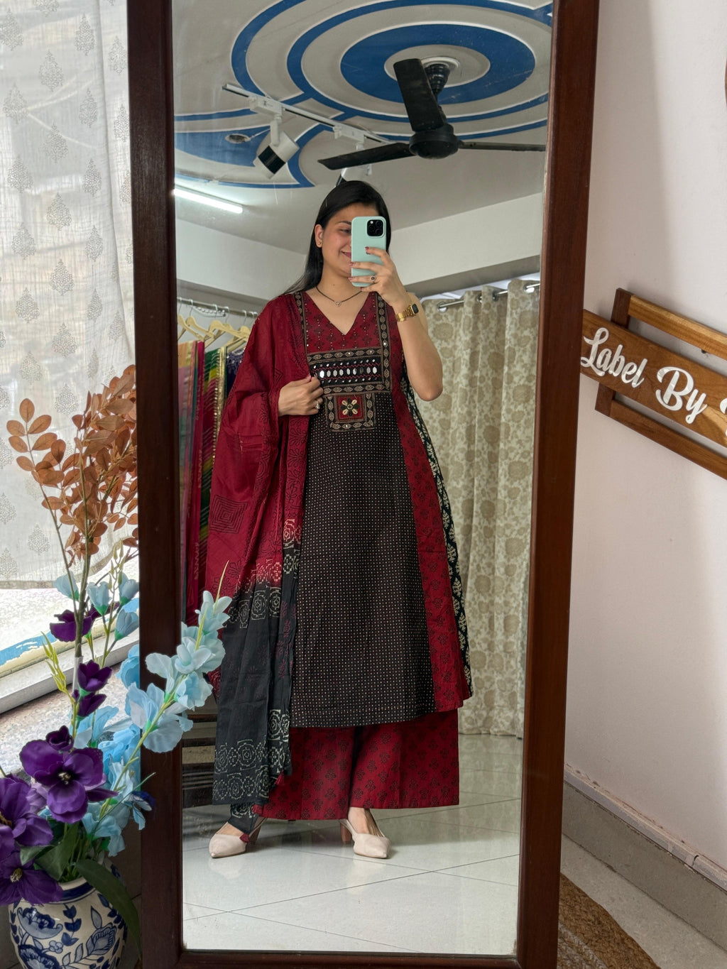 Designer Crimson Red & Black Printed Handwork Co-ord Set with Dupatta