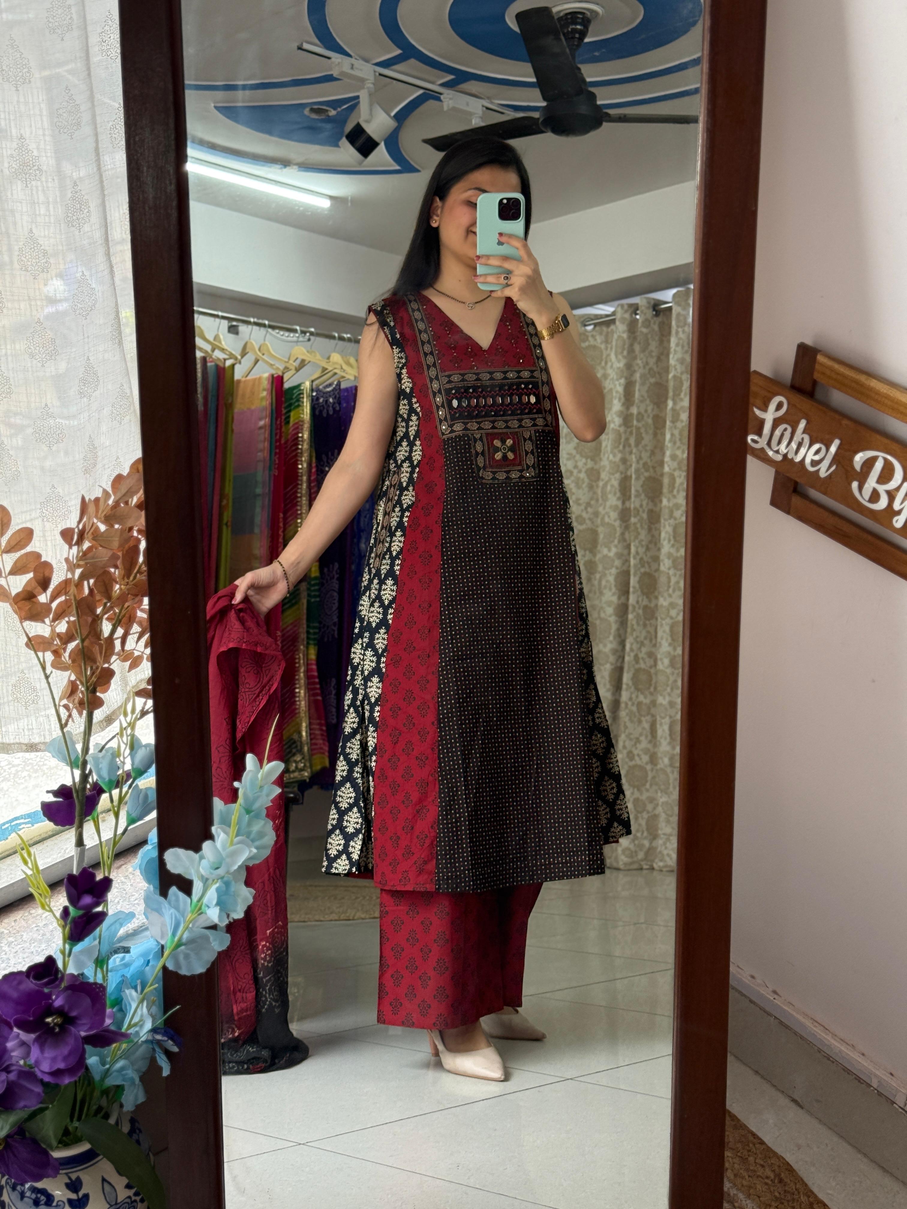 Designer Crimson Red & Black Printed Handwork Co-ord Set with Dupatta