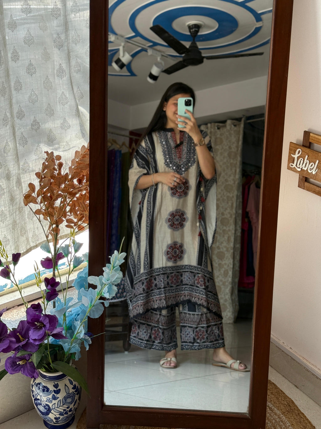 Beige & Black Printed Pure Muslin Kaftan Set with Mirror Work Neckline