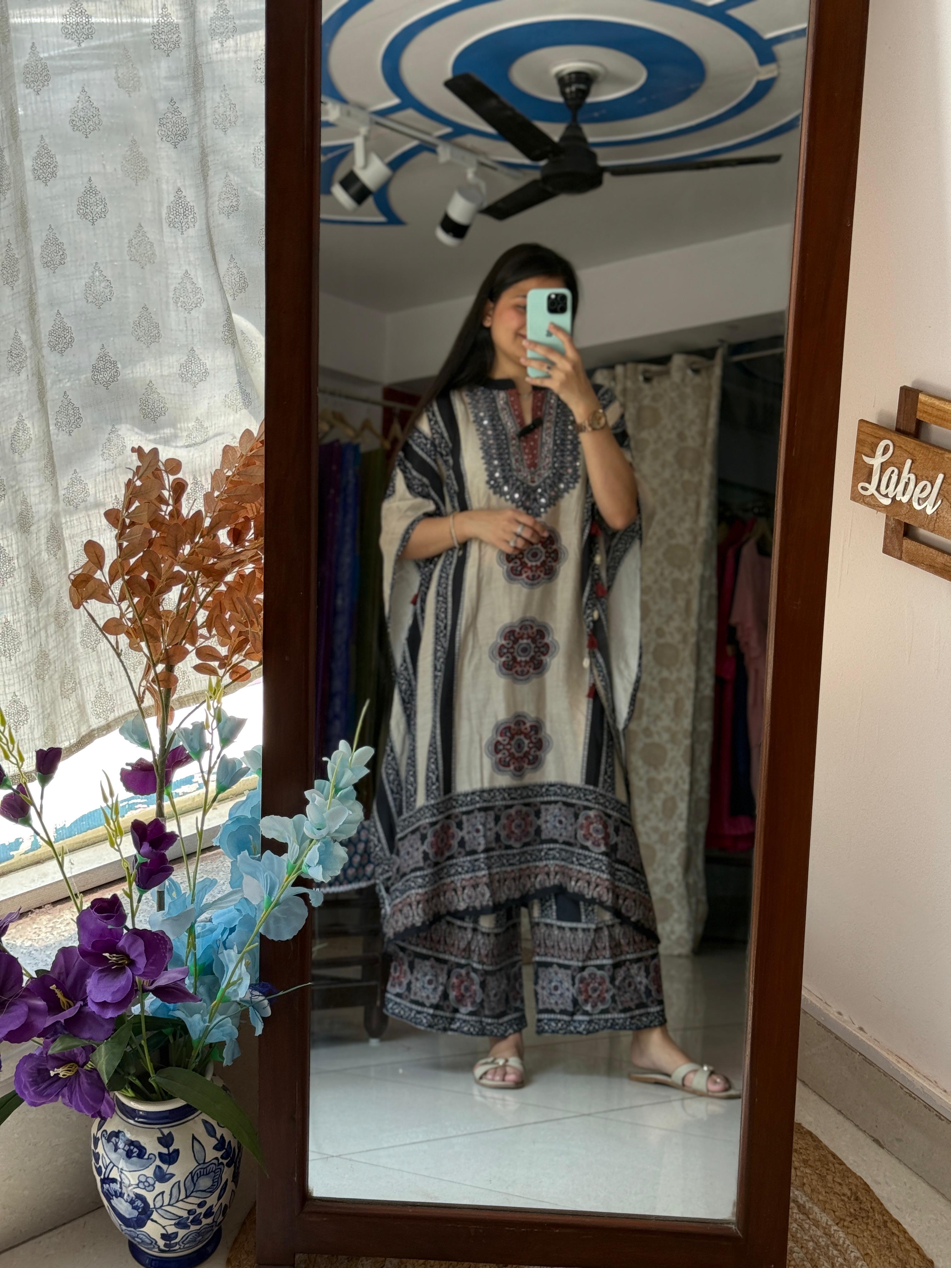 Beige & Black Printed Pure Muslin Kaftan Set with Mirror Work Neckline