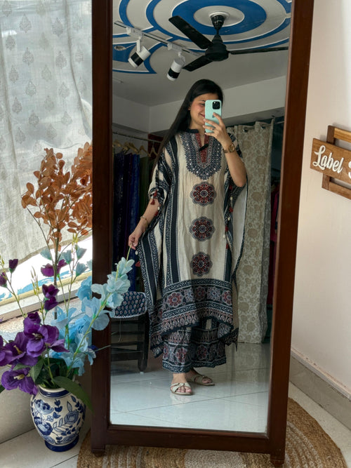 Beige & Black Printed Pure Muslin Kaftan Set with Mirror Work Neckline