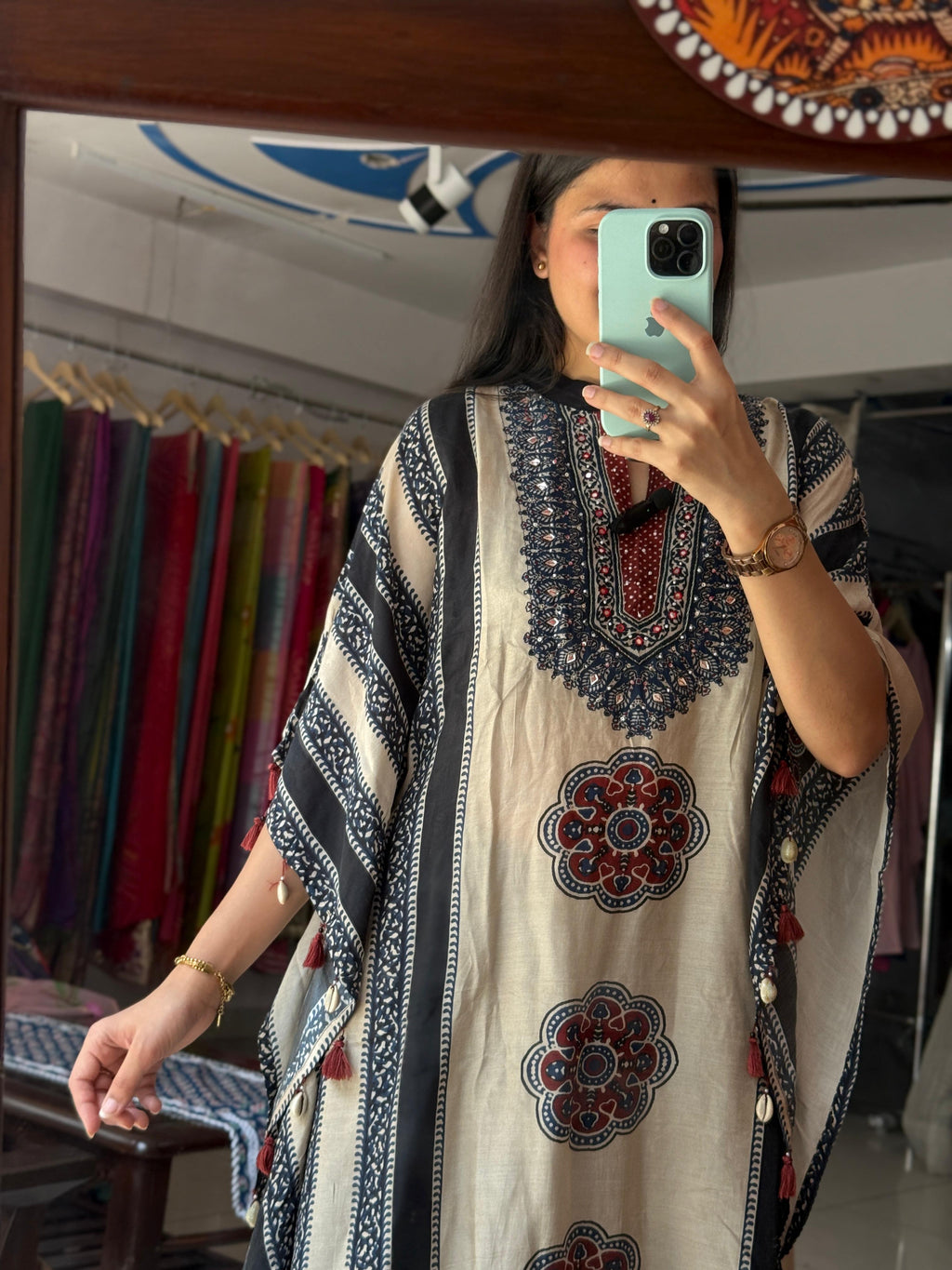 Beige & Black Printed Pure Muslin Kaftan Set with Mirror Work Neckline