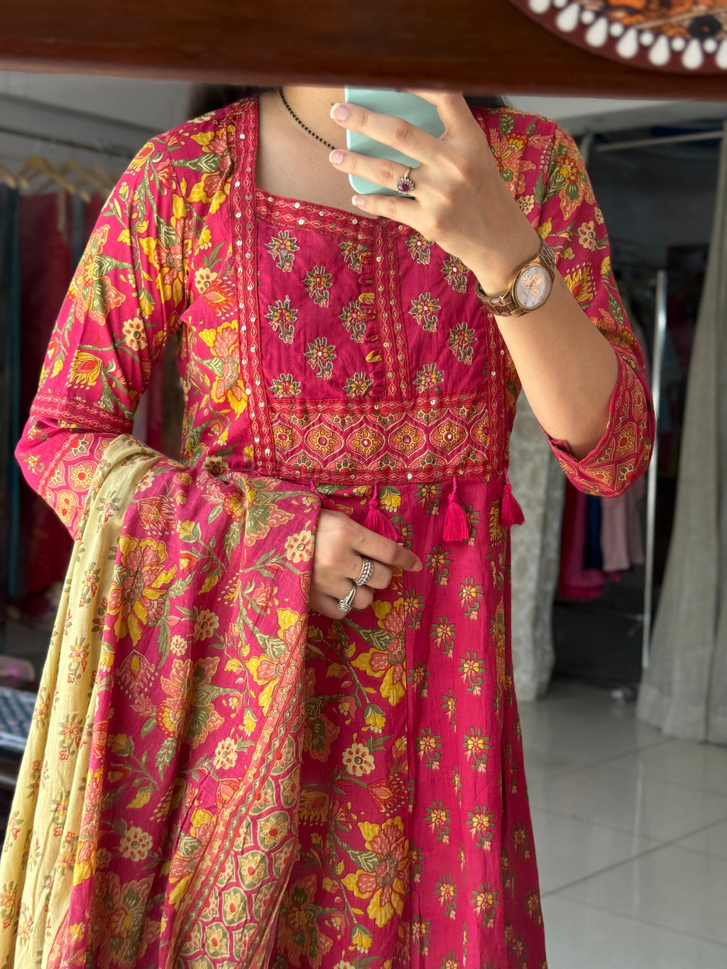 Siyani Rani Pink Floral Printed Cotton Anarkali Suit Set with Dupatta