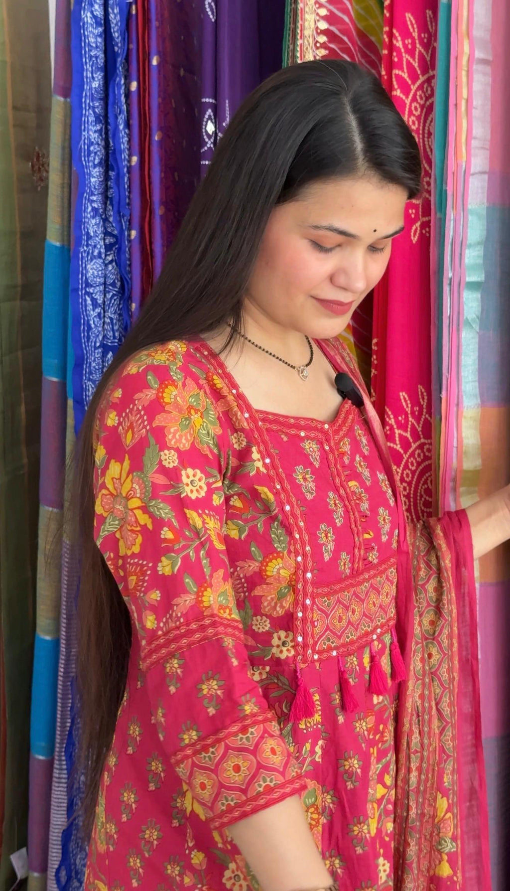 Siyani Rani Pink Floral Printed Cotton Anarkali Suit Set with Dupatta