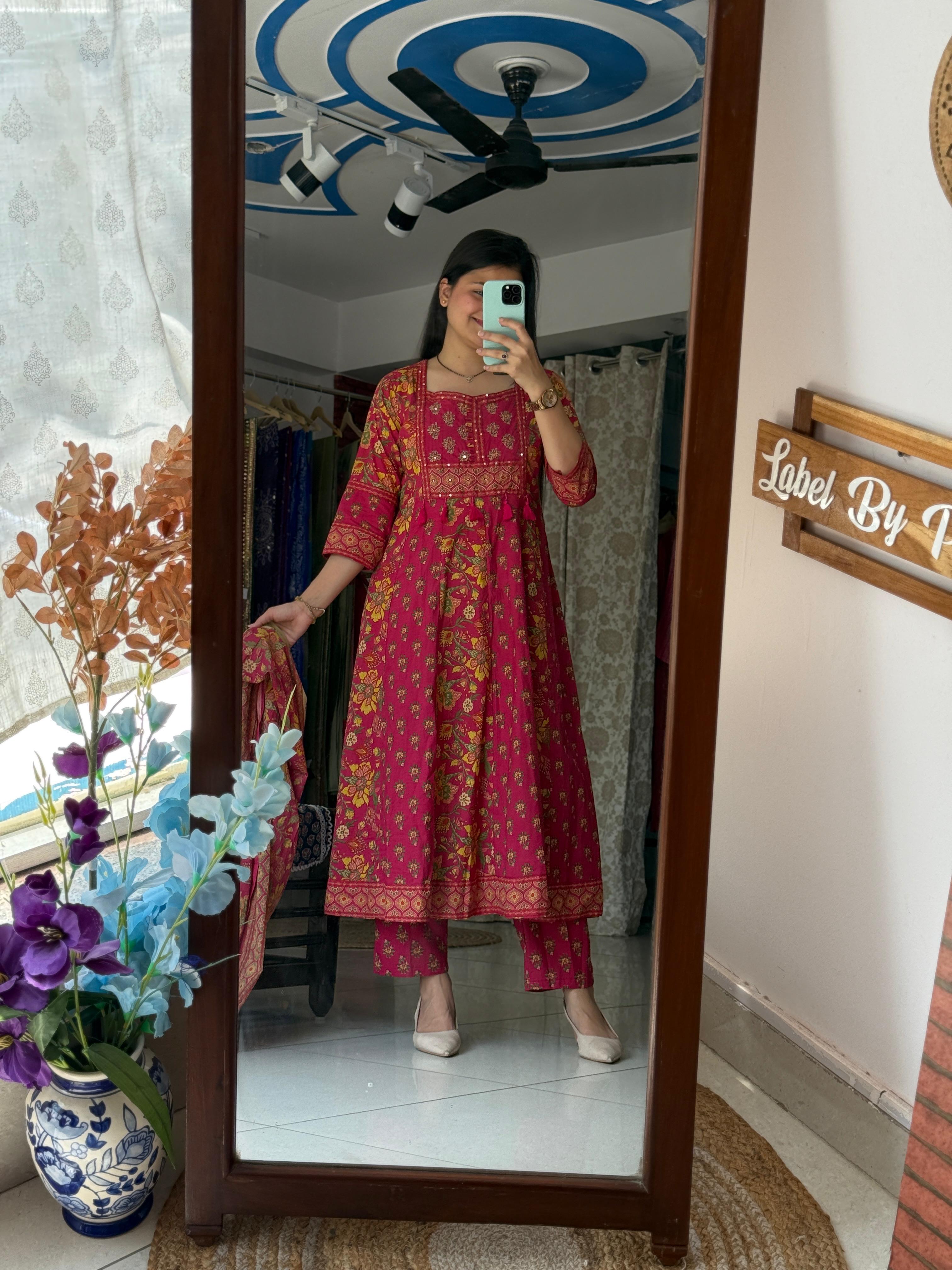 Siyani Rani Pink Floral Printed Cotton Anarkali Suit Set with Dupatta