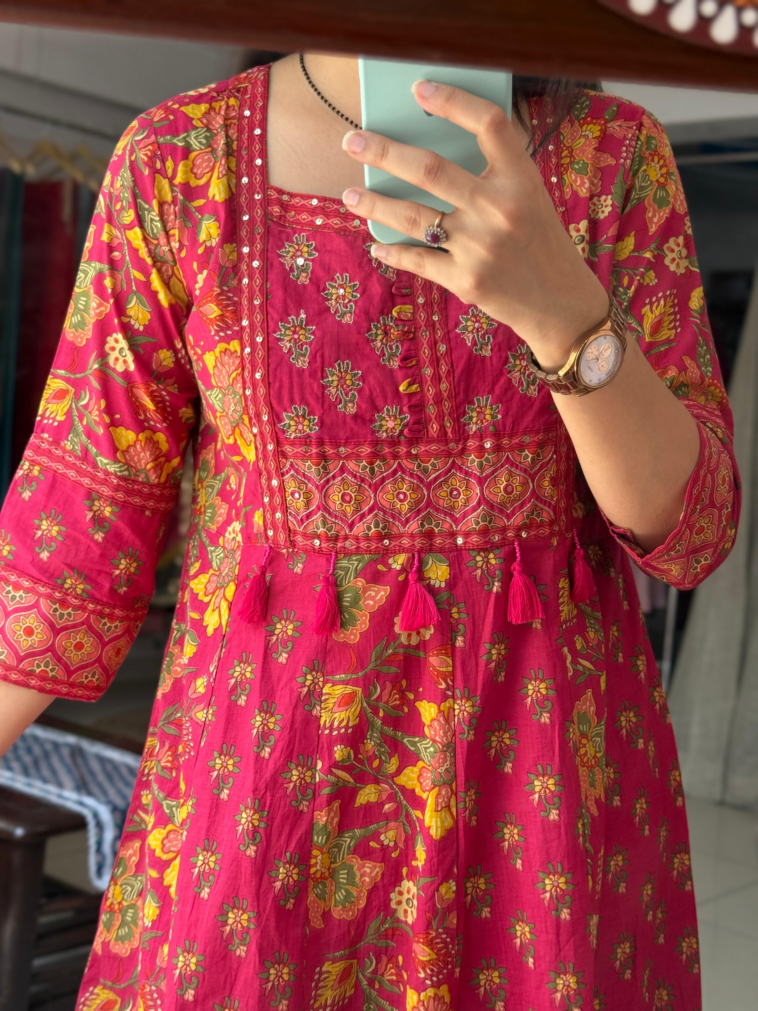 Siyani Rani Pink Floral Printed Cotton Anarkali Suit Set with Dupatta