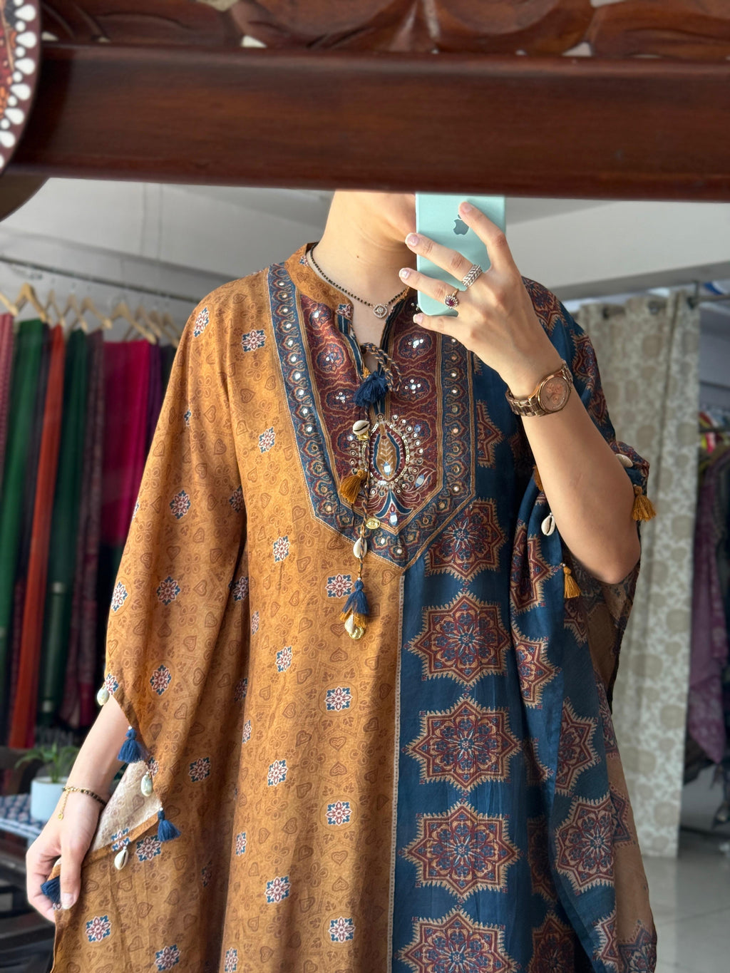 Mustard & Teal Blue Printed Pure Muslin Kaftan Set with Mirror Work