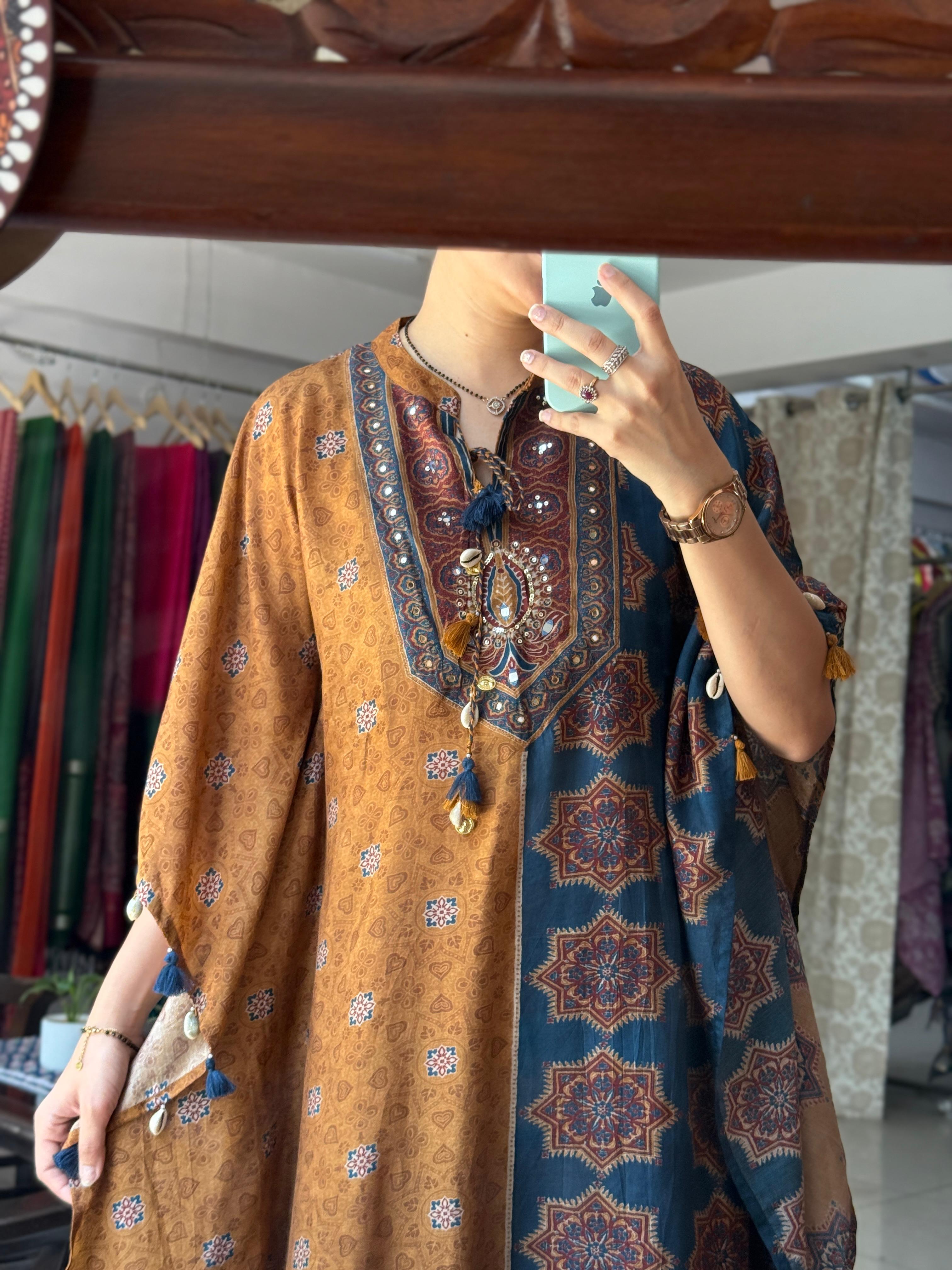 Mustard & Teal Blue Printed Pure Muslin Kaftan Set with Mirror Work