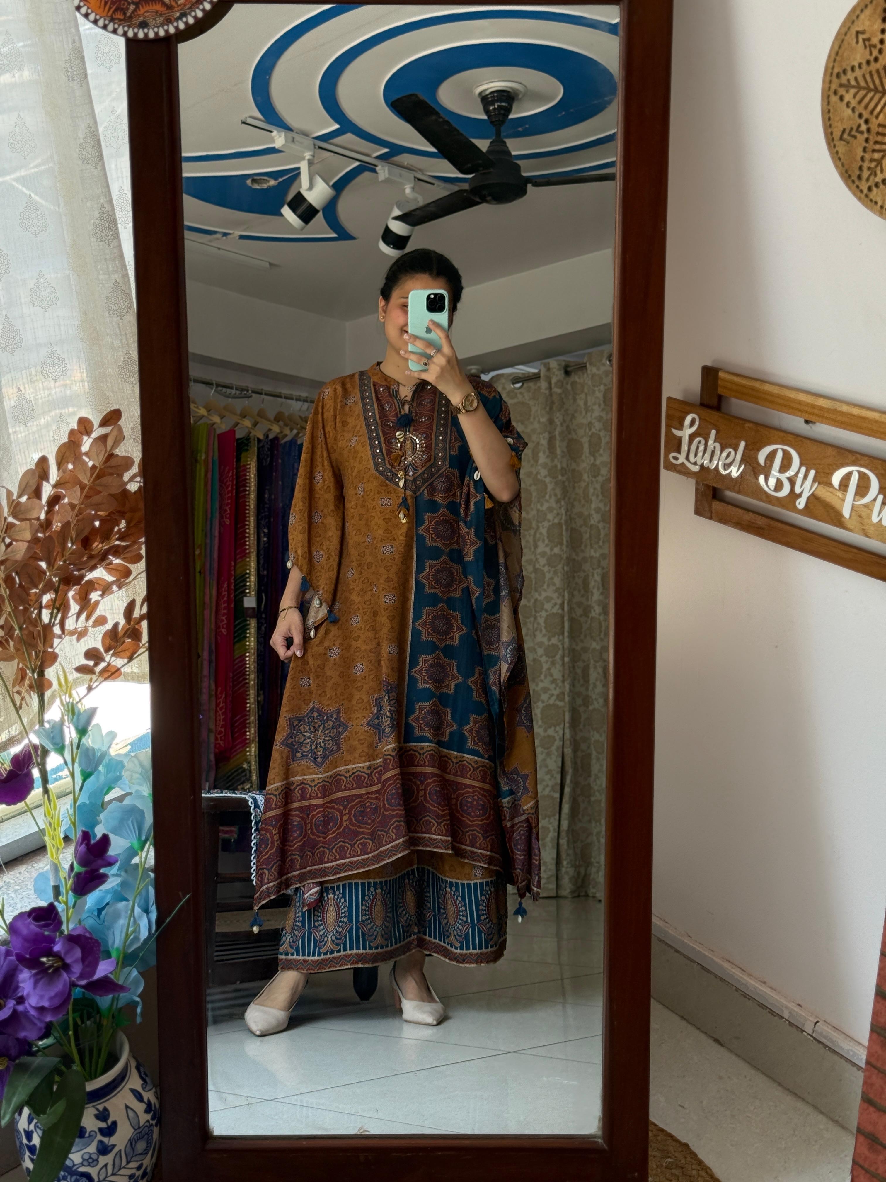 Mustard & Teal Blue Printed Pure Muslin Kaftan Set with Mirror Work