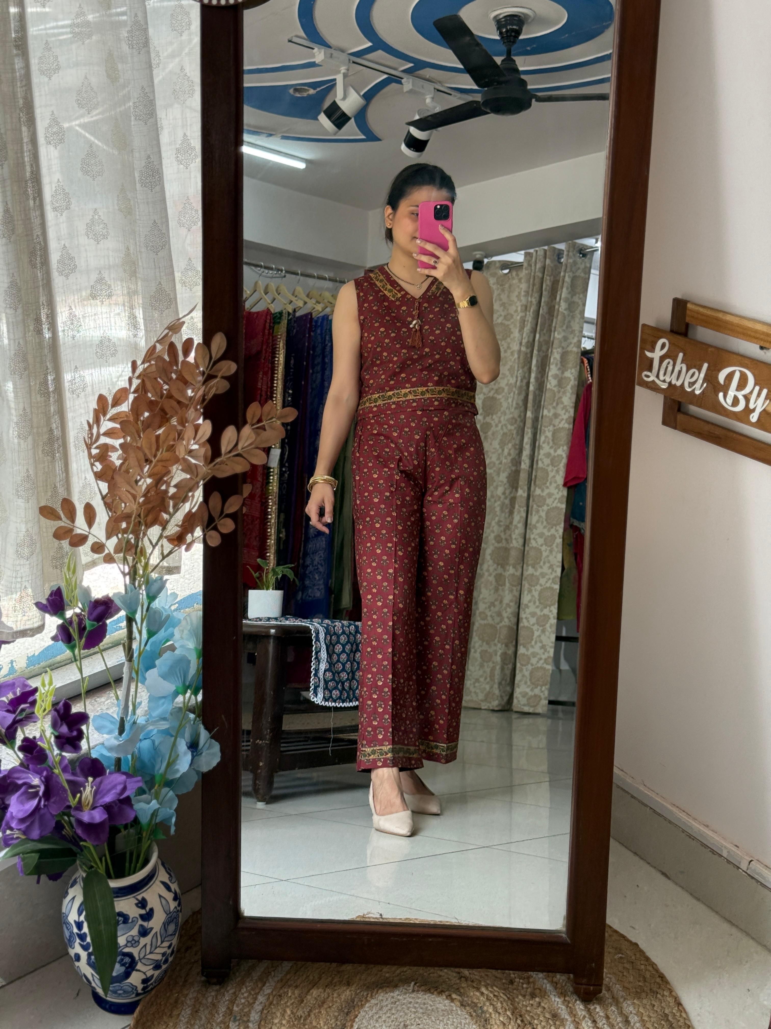 Maroon Floral Printed Cotton 3-Piece Co-ord Set with Jacket & Trousers