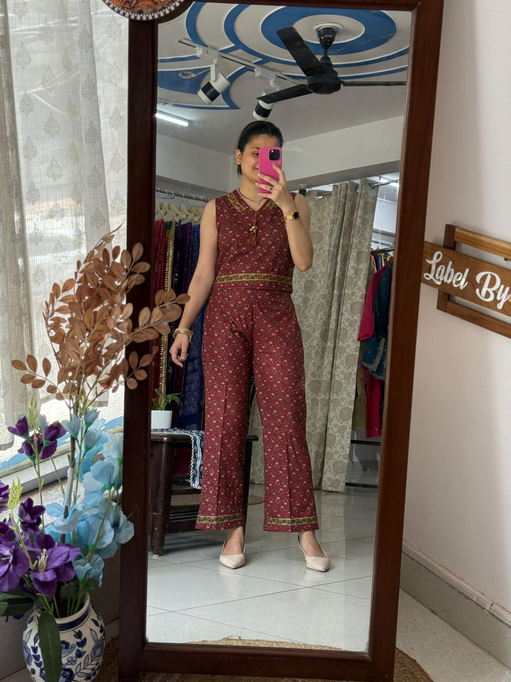 Maroon Floral Printed Cotton 3-Piece Co-ord Set with Jacket & Trousers