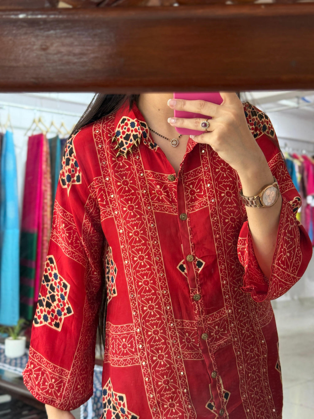 Crimson Red Printed Modal Silk Tunic Shirt with Black Trousers Co-ord Set