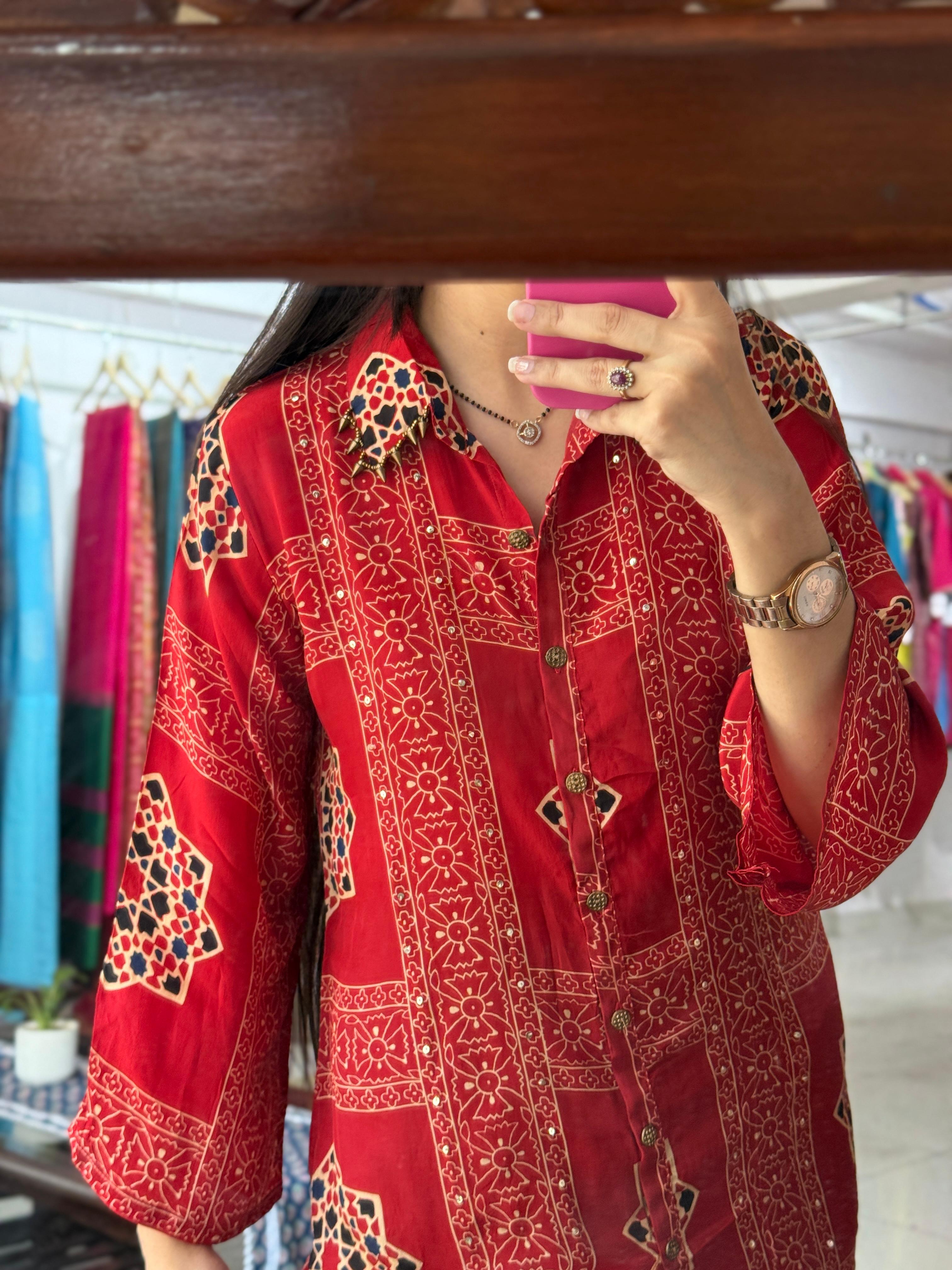 Crimson Red Printed Modal Silk Tunic Shirt with Black Trousers Co-ord Set