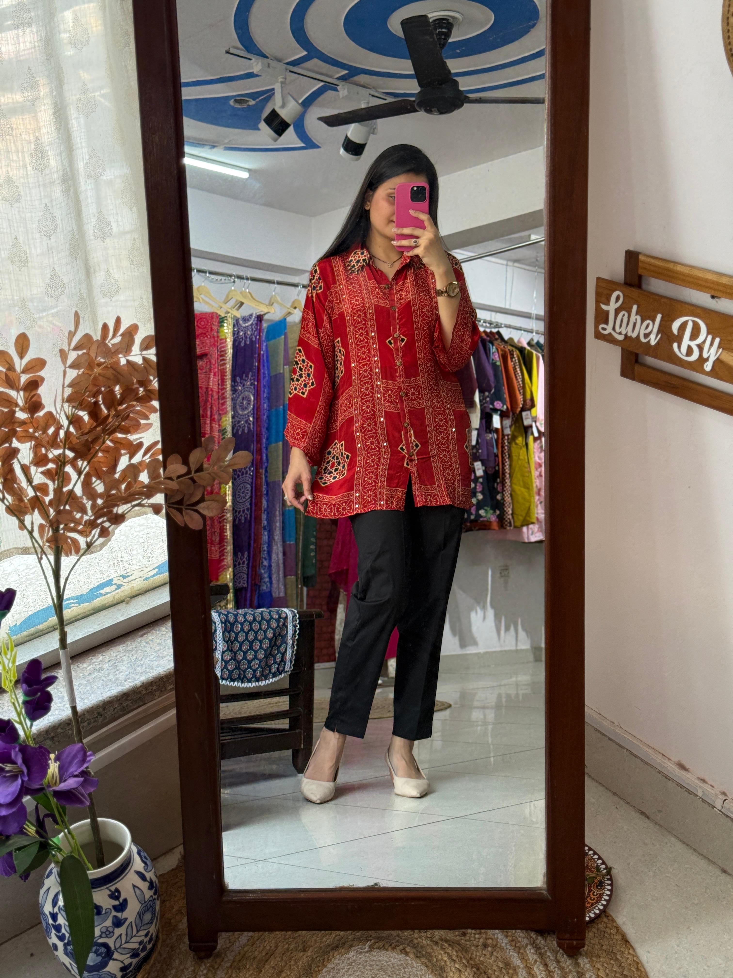 Crimson Red Printed Modal Silk Tunic Shirt with Black Trousers Co-ord Set
