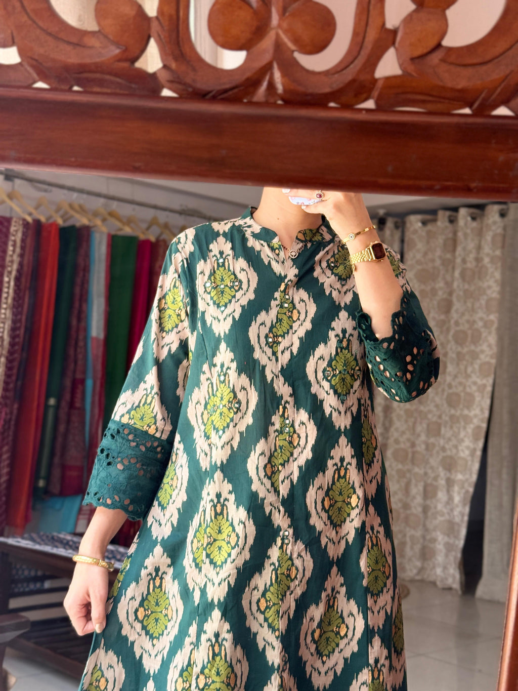 Sehej Emerald Green Ikat Printed A-Line Kurta Set with Lace Details