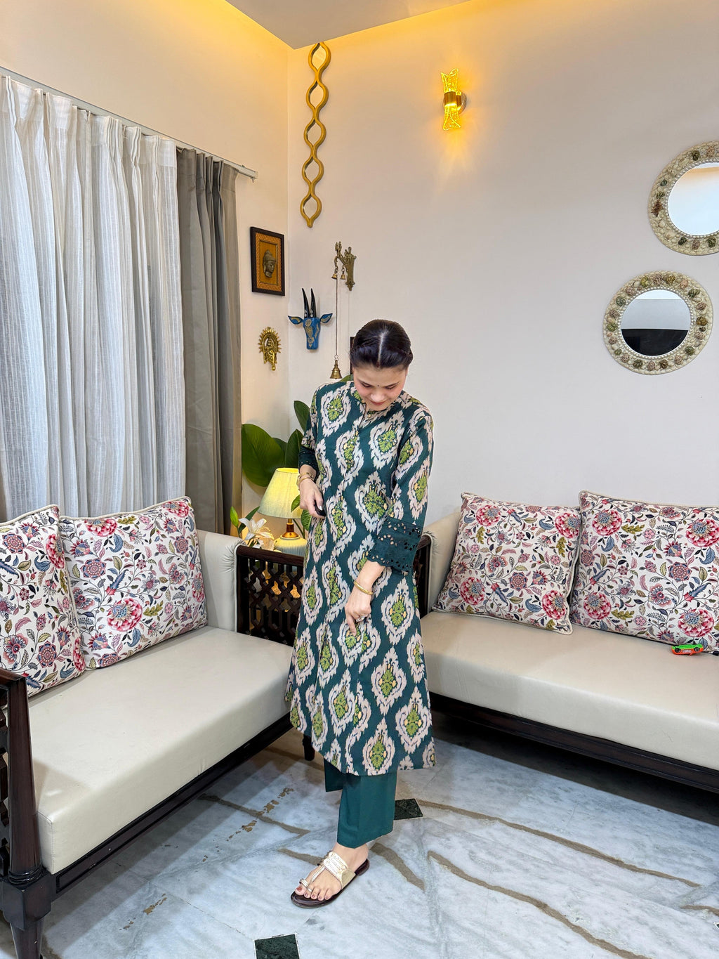 Sehej Emerald Green Ikat Printed A-Line Kurta Set with Lace Details