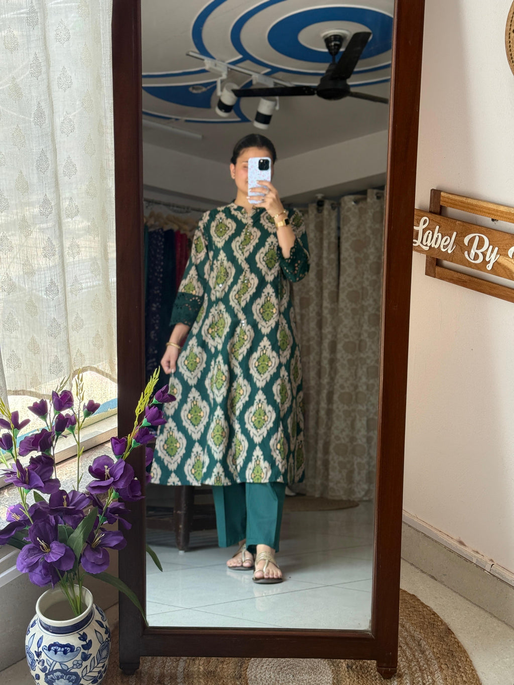 Sehej Emerald Green Ikat Printed A-Line Kurta Set with Lace Details
