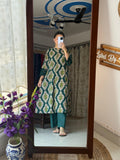 Sehej Emerald Green Ikat Printed A-Line Kurta Set with Lace Details