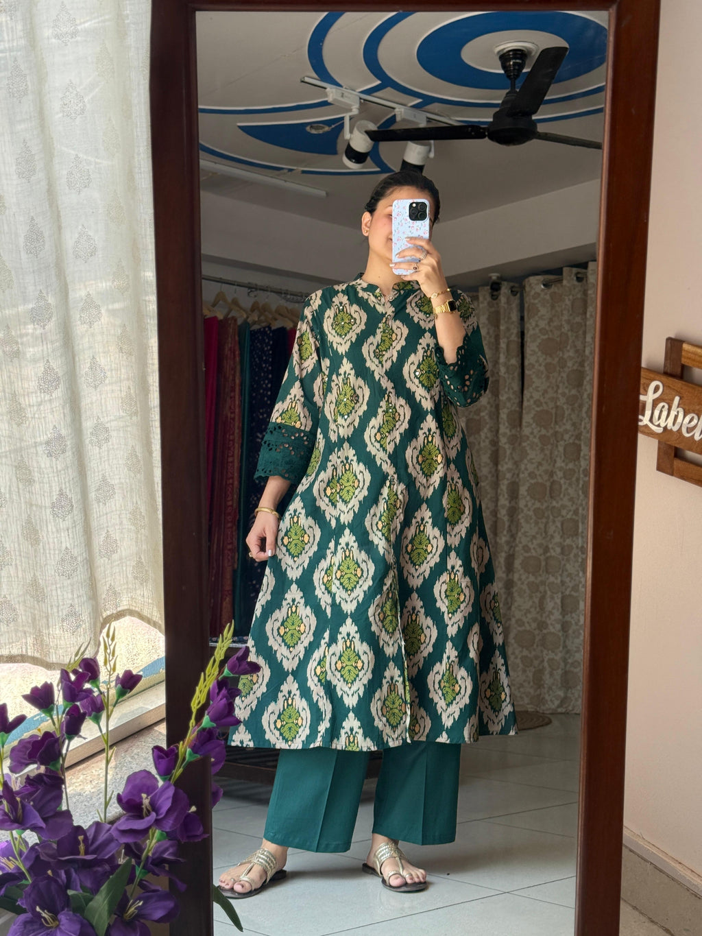 Sehej Emerald Green Ikat Printed A-Line Kurta Set with Lace Details
