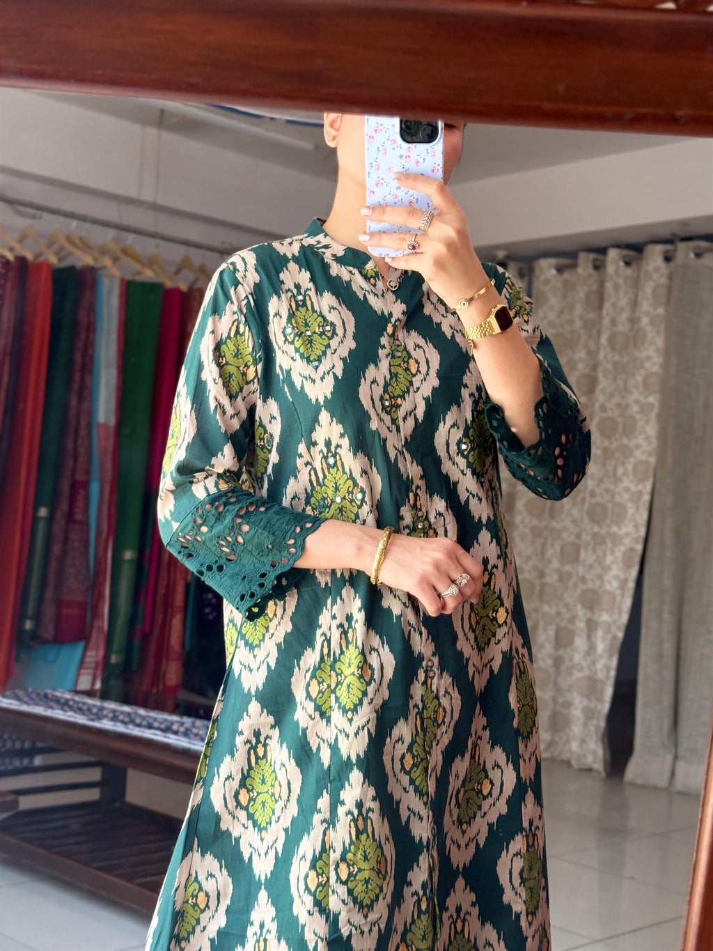 Sehej Emerald Green Ikat Printed A-Line Kurta Set with Lace Details