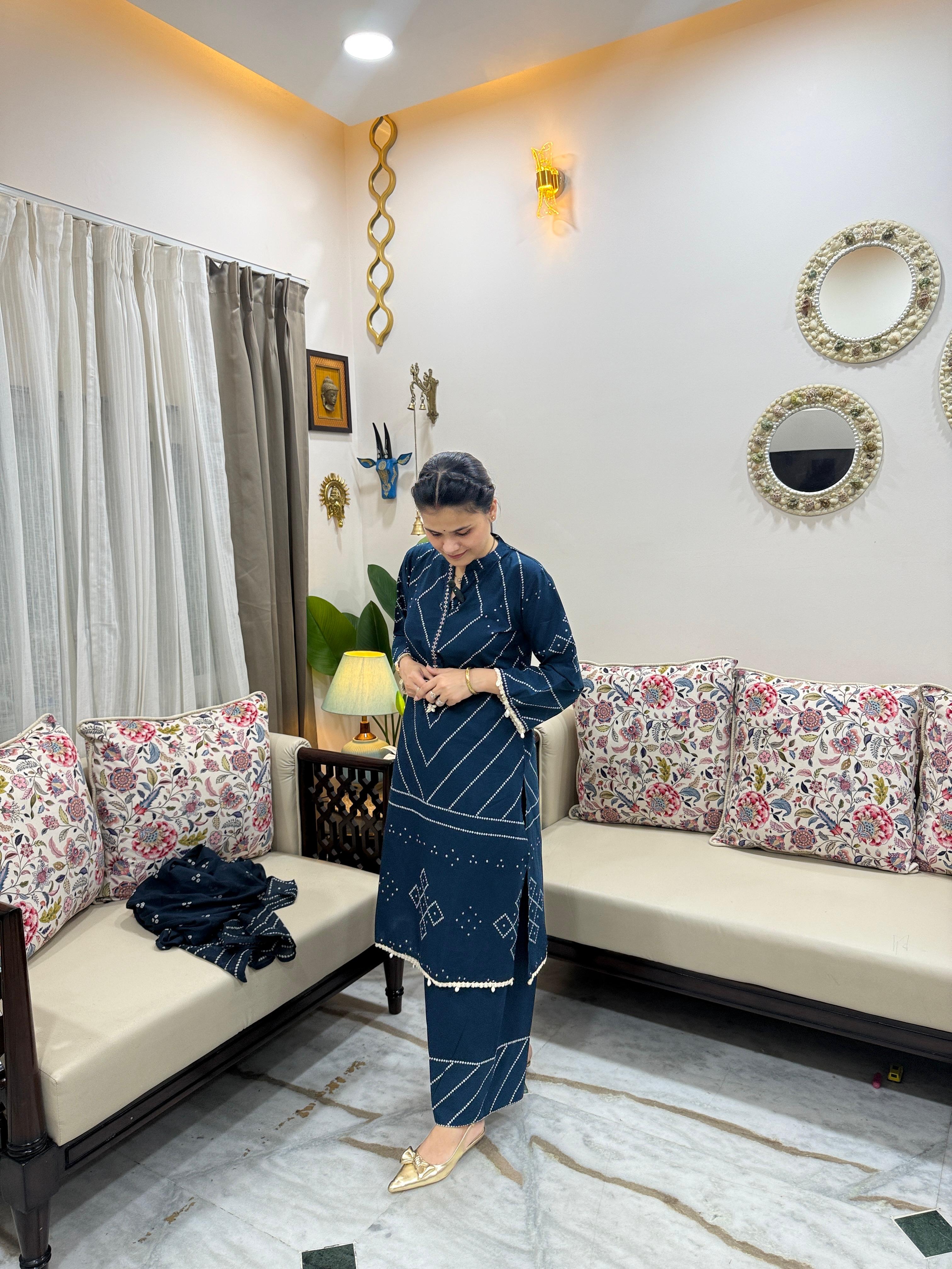 Sehej Peacock Teal Blue Bandhani Printed Cotton Kurta Set with Dupatta
