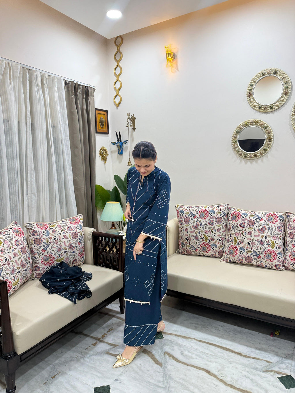 Sehej Peacock Teal Blue Bandhani Printed Cotton Kurta Set with Dupatta
